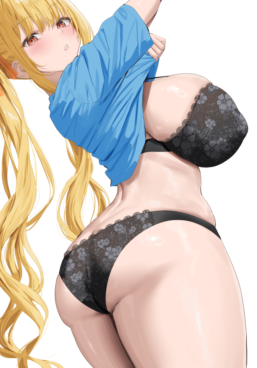 1girls, ass, blonde hair, bra, breasts, female, huge breasts, large ass, light skin, light-skinned female, long hair, oekakizuki, original, original character, panties, red eyes, simple background, solo, thick thighs, twintails, undressing