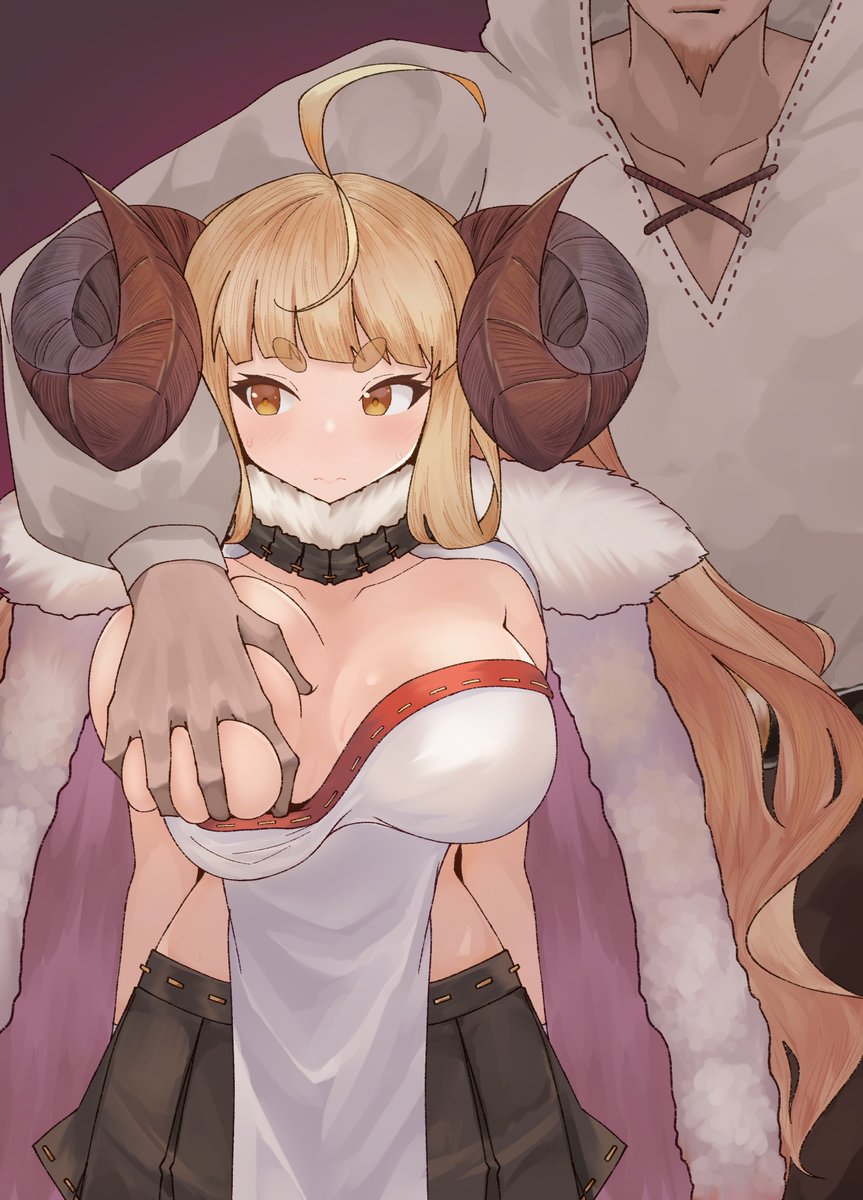 anila (granblue fantasy), anonymous male, artist request, breast grab, breast squeeze, breasts, curvy, curvy female, curvy figure, female, goat horns, granblue fantasy, holding breast, large breasts, looking away, male, revealing clothes, round breasts, slight blush