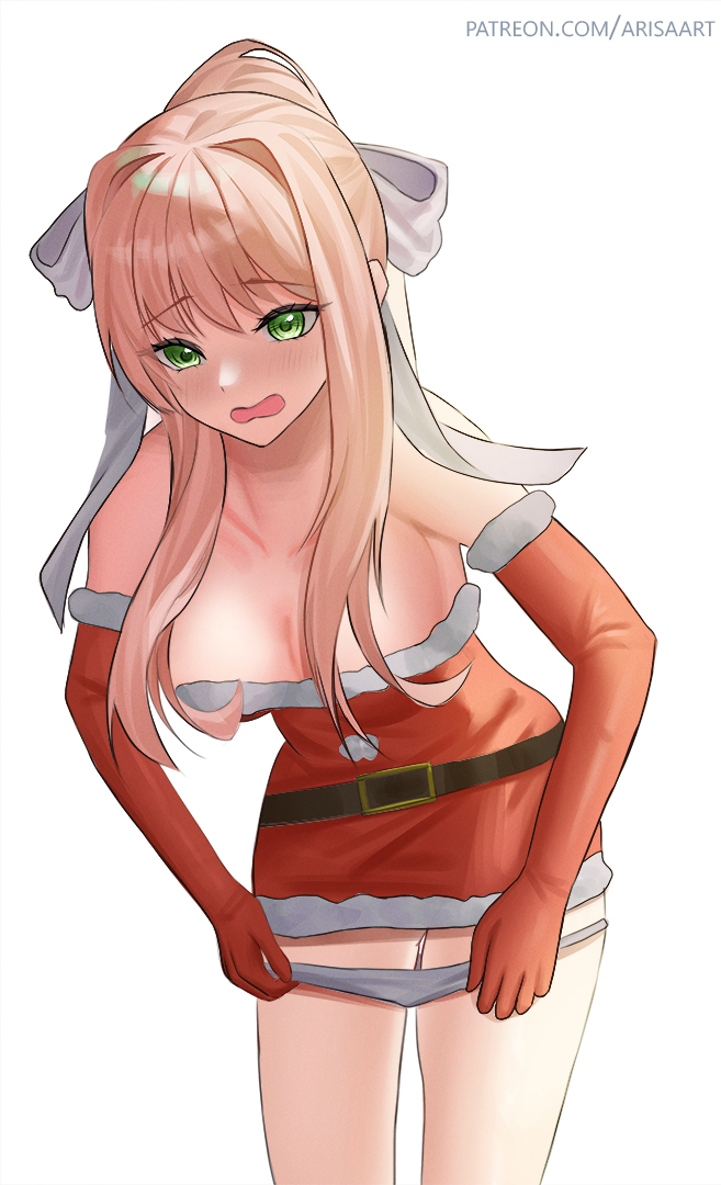 1female 1girls aris4rt breasts christmas doki_doki_literature_club female green_eyes holidays long_hair monika_(doki_doki_literature_club) panties