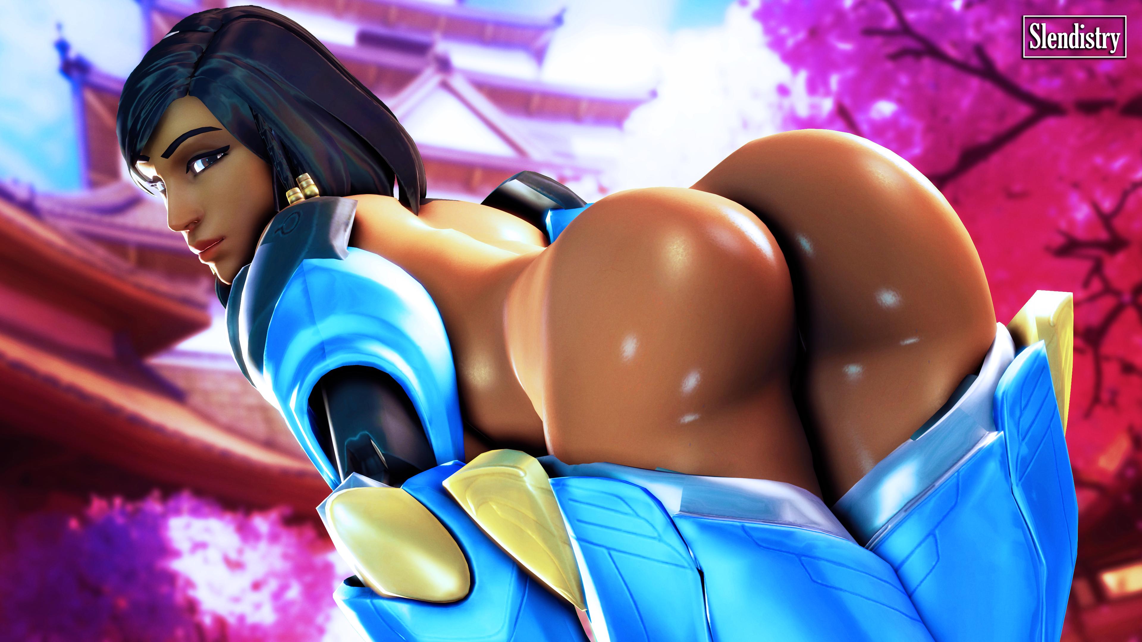 1girls, 3d, absurdres, armor, ass, bent over, big ass, black hair, brown eyes, dark skin, dark-skinned female, exposed, exposed torso, eyebrows, eyelashes, female, female only, highres, human, lips, lipstick, looking at viewer, looking back, nose, overwatch, pharah, pink lipstick, shiny, short hair, slendistry, solo, source filmmaker, thighhighs, twin braids