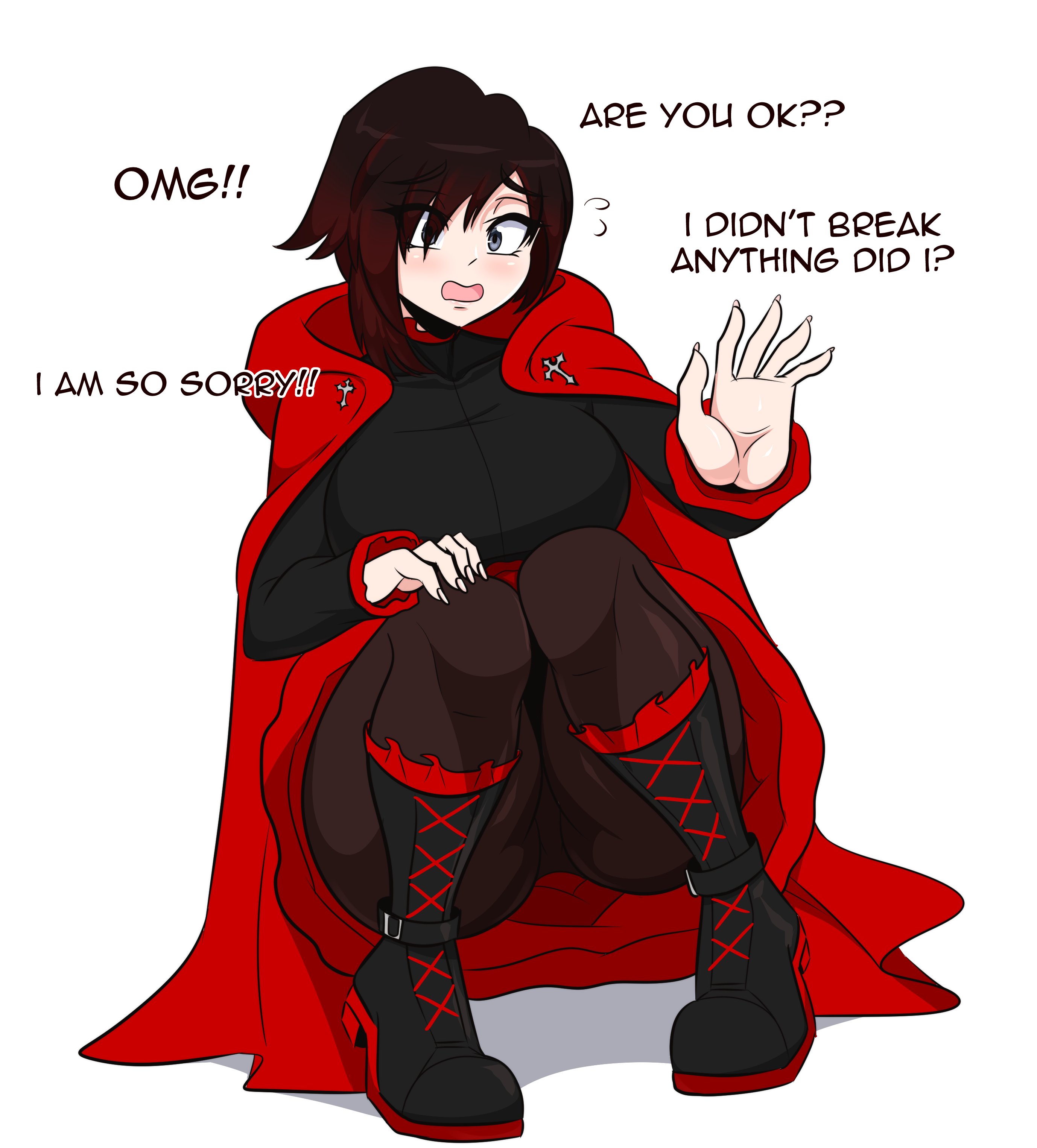 absurdres, black hair, blush, boots, breasts, cape, commentary, dress, english commentary, english text, female, female only, gradient hair, grey eyes, highres, hood, kinathefox, medium breasts, multicolored hair, pantyhose, red cape, red hair, ruby rose, rwby, short hair, simple background, solo, squatting, thick thighs, thighs, two-tone hair, white background