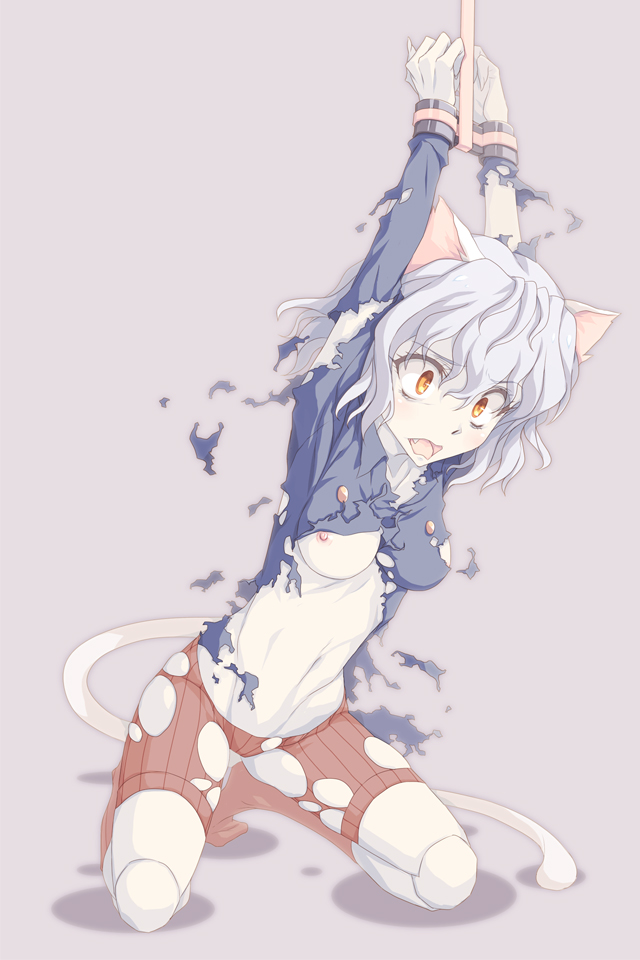 1girls belly belly_button bondage cat_ears cat_tail catgirl female female_only hunter_x_hunter kemonomimi monster_girl neferpitou nipples on_knees plastic_erazer red_eyes shocked silver_hair suit tail thorn_clothes white_hair