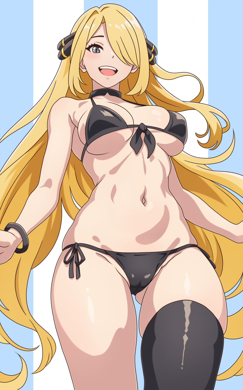 1girls :d asairosora big_breasts bikini black_bikini black_eyes black_legwear blonde_hair blush breasts cameltoe covered_nipples cowboy_shot creatures_(company) cynthia_(pokemon) erect_nipples female female_only from_below front-tie_bikini front-tie_top game_freak hair_ornament hair_over_one_eye hi_res long_hair looking_at_viewer looking_down multicolored_background navel nintendo open_mouth parted_lips pokemon pokemon_dppt pose revealing_clothes side-tie_bikini single_thighhigh skimpy_clothes smile solo stockings swimsuit underboob wide_hips