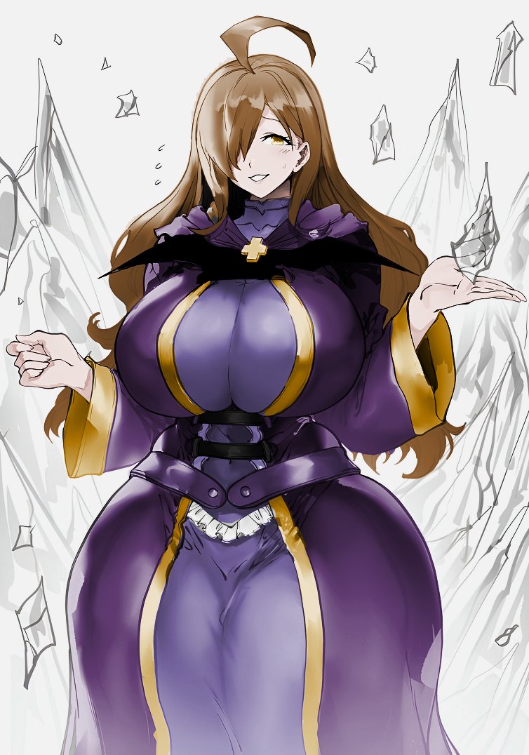 1girls absurd_res ahoge ajaycolor amber_eyes big_breasts colored colored_version female female_only hair_over_one_eye kono_subarashii_sekai_ni_shukufuku_wo! light_blush looking_at_viewer massive_breasts massive_thighs smiling smiling_at_viewer thegoldensmurf thick_thighs white_background wide_hips wiz_(konosuba)