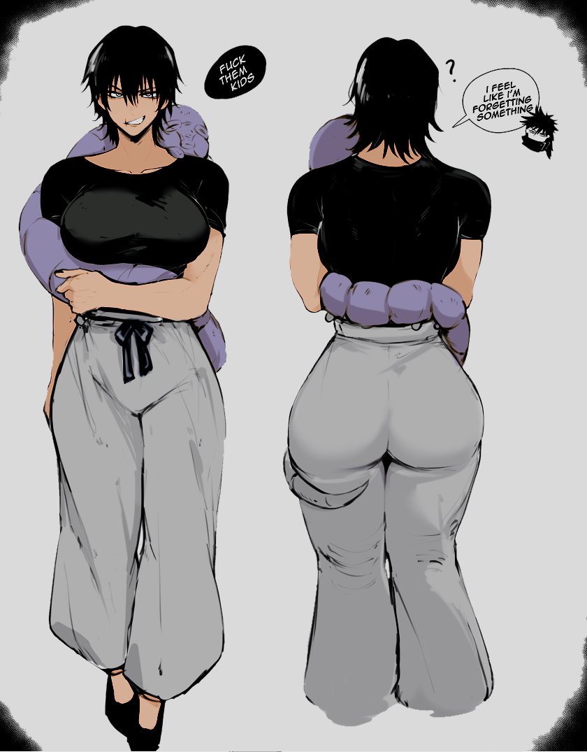 1girls ajaycolor ass big_ass big_breasts big_butt black_hair clothed curves curvy dark_hair dialogue english_text fat_ass fushiguro_megumi genderswap_(mtf) jujutsu_kaisen masoq095 milf rule_63 shounen_jump text toji_fushiguro