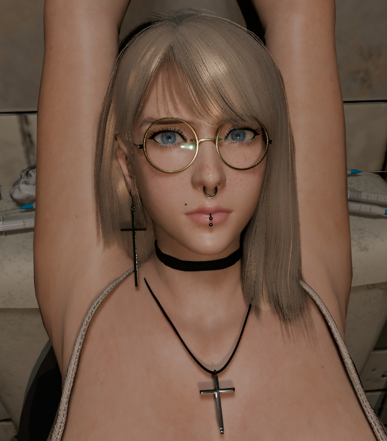 1girls 3d 3d_(artwork) ankles_tied arms_above_head black_choker blender blender_eevee blonde_hair blue_eyes bondage bound captured choker cross_earrings cross_necklace glasses grace_(osimai) huge_breasts kidnapped necklace nervous nose_piercing nose_ring original_character osimai pleated_skirt public_toilet public_use restrained rope skirt syringe tank_top tied tied_wrists toilet toilet_paper toilet_slave toilet_stall trash used_tissue wrists_tied