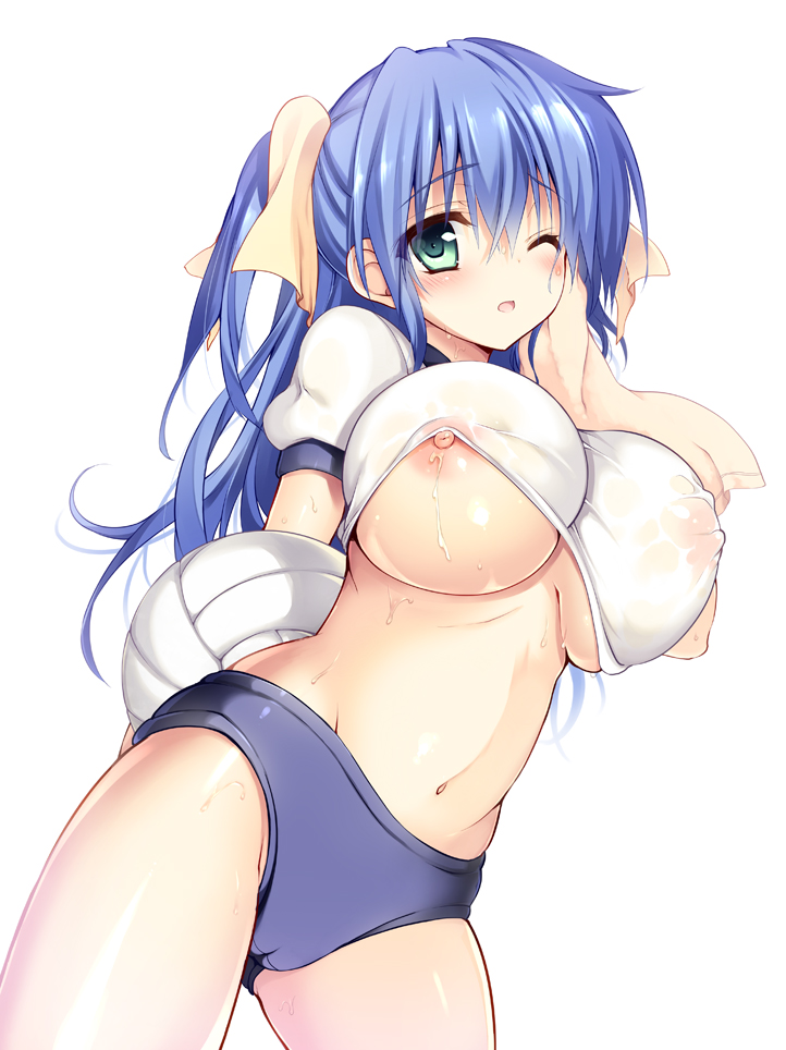 1girls, ball (object), belly, blue hair, blush, bow, breasts, buruma, erect nipples, female, female only, green eyes, hairbow, human, large breasts, long hair, navel, nipple slip, nipples, one eye closed, open mouth, original, ponytail, sanshoku amido, simple background, solo, sweat, tied hair, towel, volleyball, wet, white background