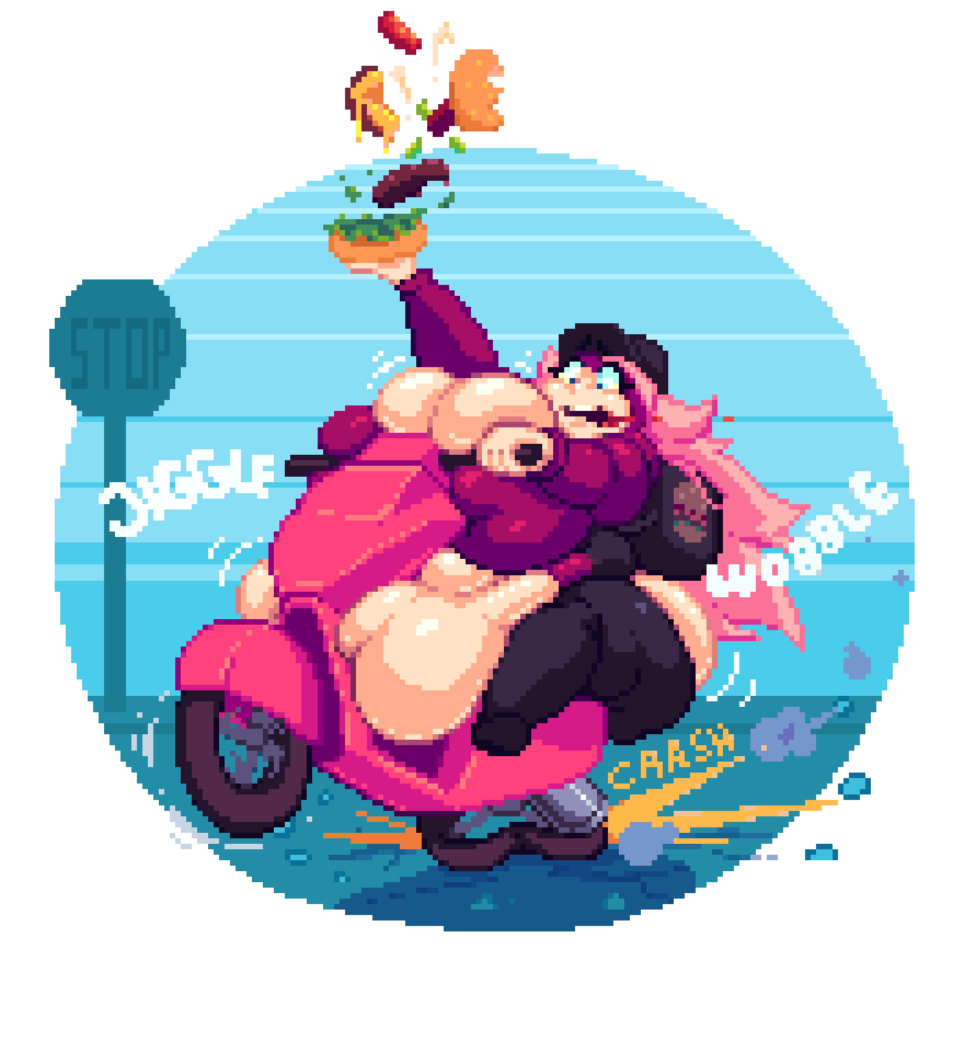 1girls belly bellybelting breasts delivery_girl fat_rolls female huge_belly motorcycle obese obese_female onomatopoeia pink_hair pixel_art transparent_background