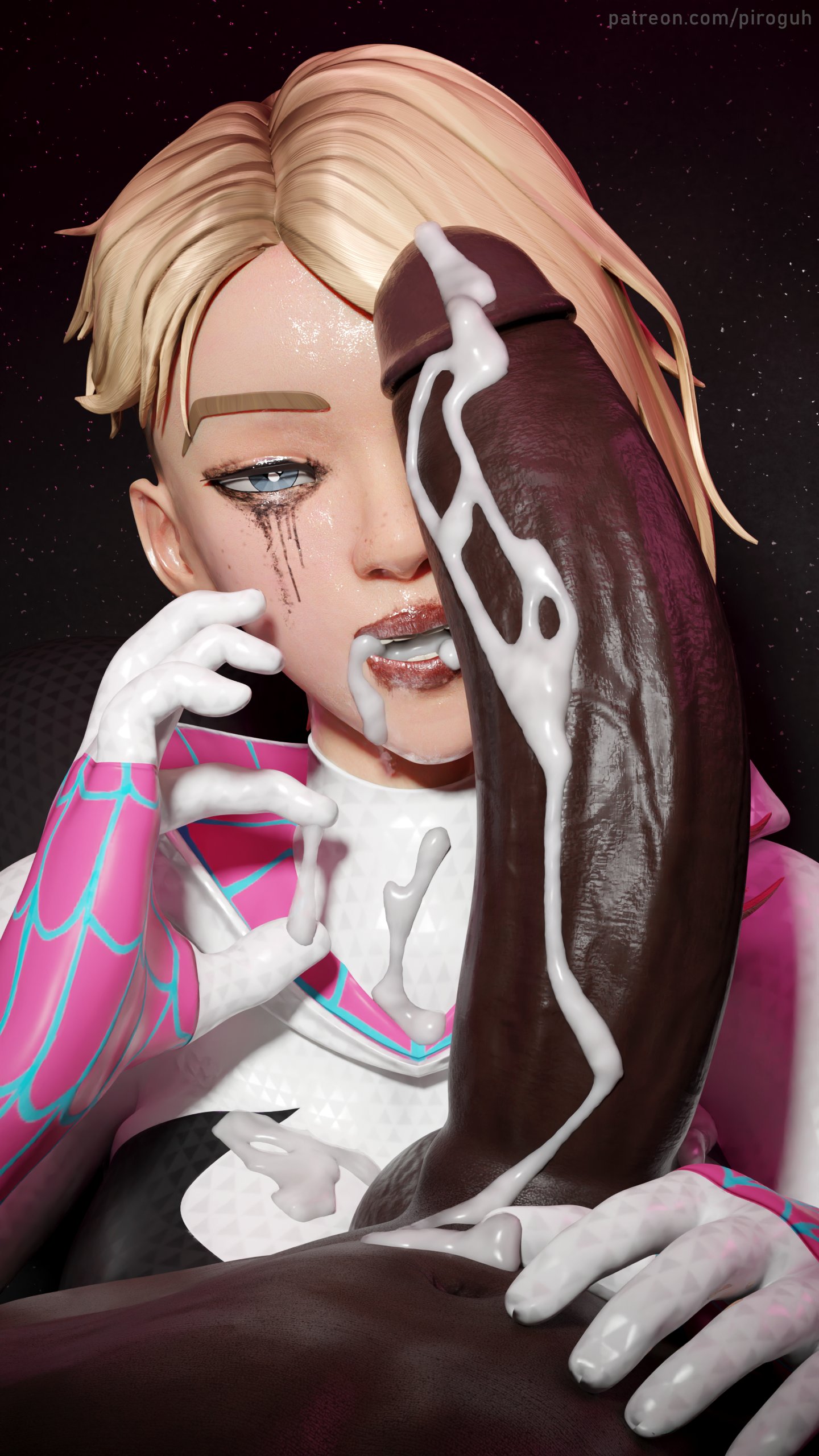 1boy, 1girls, 3d, blowjob, blush, breasts, cum, cum in mouth, cum inside, cum on face, dark skin, dark-skinned male, erection, fellatio, female, female focus, gwen stacy, large penis, light skin, light-skinned female, male, marvel, marvel comics, oral, oral sex, penis, penis in mouth, piroguh, pov, pov blowjob, pov crotch, pov eye contact, shaved side, short hair, simple background, spider-gwen, spider-man: across the spider-verse, spider-man: into the spider-verse, straight, sucking penis, superhero, superhero costume, superheroine, sweat