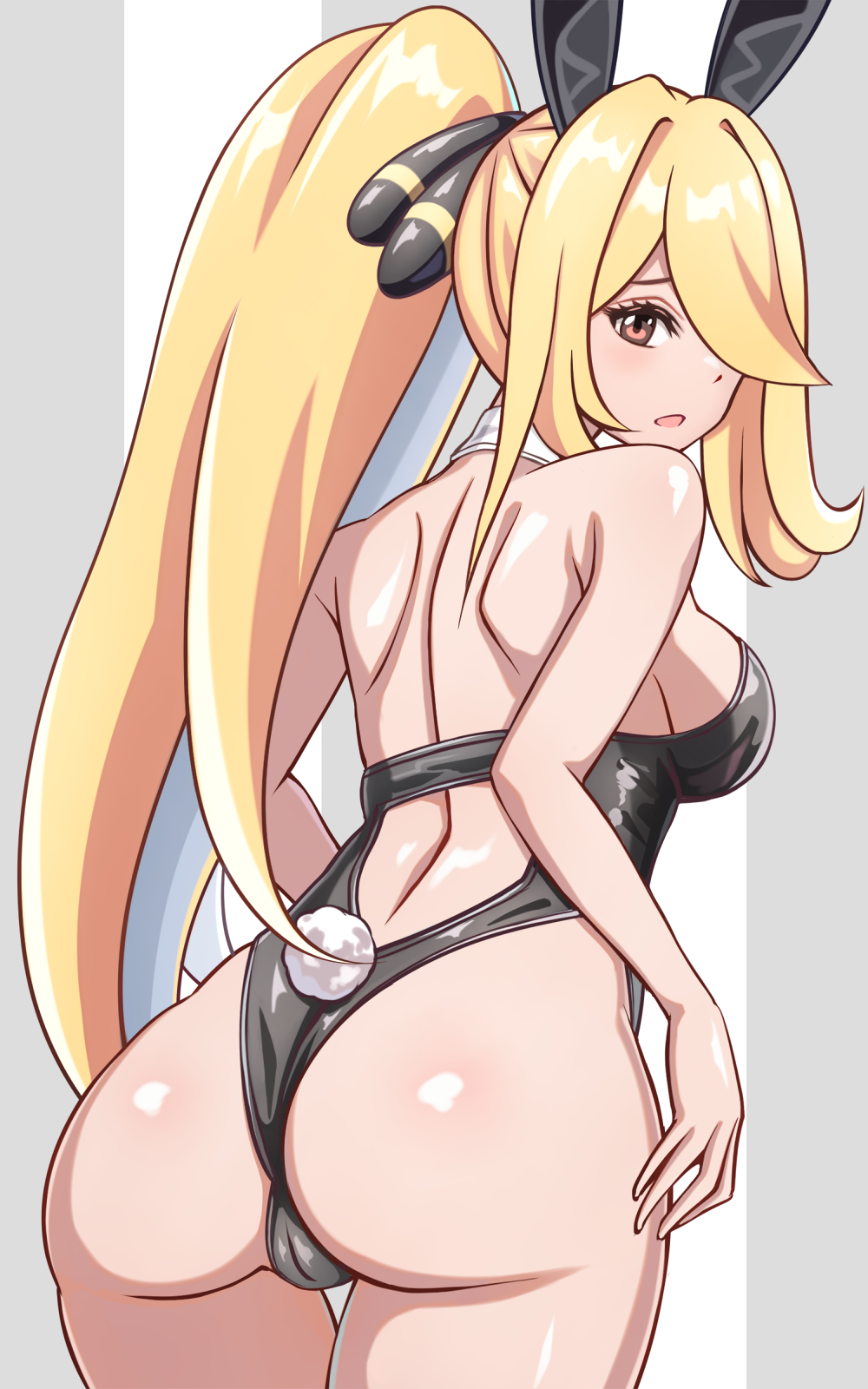 1girls :d alternate_hairstyle asairosora ass backless_outfit big_breasts blonde_hair blush breasts bunny_costume bunny_ears bunnysuit cameltoe cowboy_shot creatures_(company) cynthia_(pokemon) female female_only from_behind fully_clothed game_freak gold_eyes hair_ornament hair_over_one_eye hi_res leotard long_hair long_ponytail looking_at_viewer looking_back multicolored_background nintendo open_mouth parted_lips pokemon pokemon_dppt ponytail revealing_clothes shiny_clothes sideboob sidelocks skimpy_clothes solo thigh_gap tied_hair wide_hips