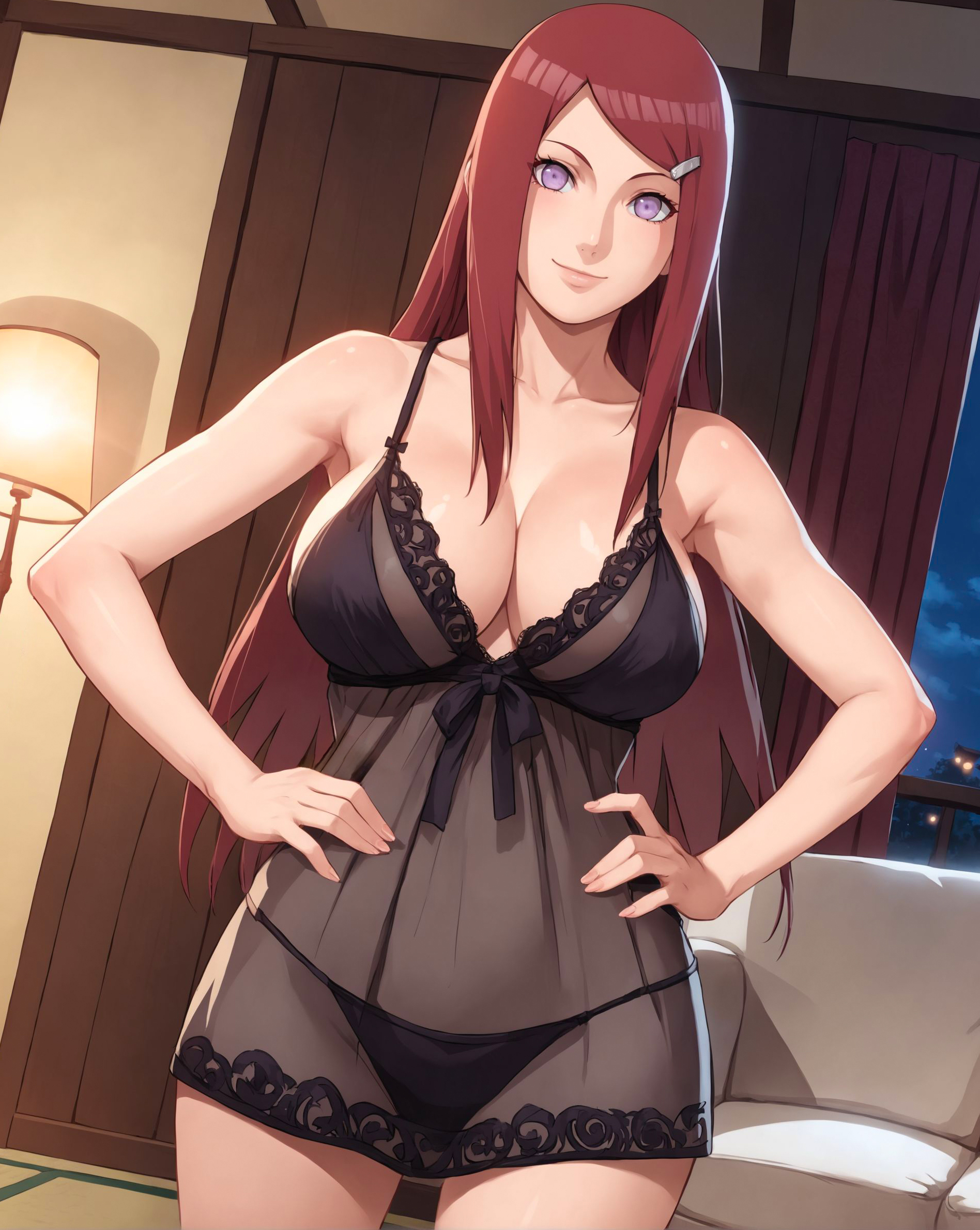 1girls, ai generated, alex-schura, alternate breast size, babydoll, bare arms, bare legs, bare shoulders, bare thighs, big breasts, black lingerie, blush, breasts, bust, busty, city background, cleavage, curtains, curvaceous, curvy, curvy body, curvy female, curvy figure, female, female only, hands on hips, indoors, large breasts, light skin, light-skinned female, lingerie, long hair, looking at viewer, mature, mature female, milf, nai diffusion, narrow shoulders, naruto, naruto (series), naruto shippuden, night, no bra, purple eyes, red hair, revealing clothes, sagging breasts, seductive, see-through, see-through clothing, shoulder length hair, smile, solo, solo female, solo focus, stable diffusion, thick thighs, thin arms, thin waist, upper body, uzumaki kushina, very long hair, welcoming, wide hips