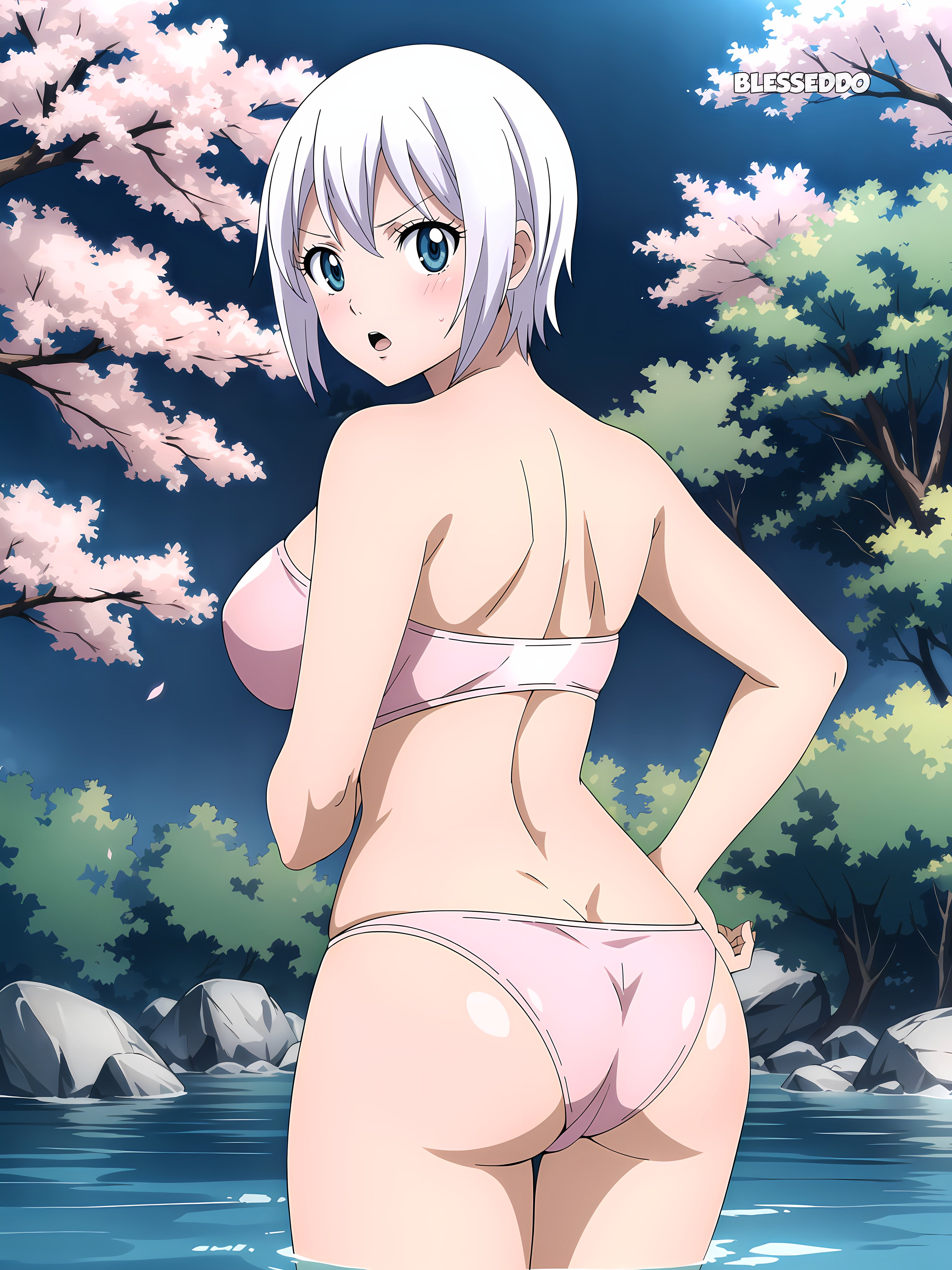 1girls, ai generated, ass, ass focus, blesseddo, blue eyes, fairy tail, female, lisanna strauss, looking at viewer, looking back, outside, pink underwear, short hair, solo, water, white hair, white-haired female