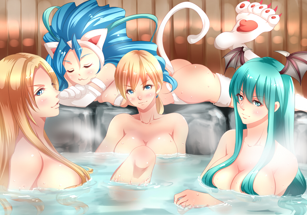 4girls :3 ass bathing blonde_hair blue_eyes blue_hair blush breasts cleavage crossover darkstalkers devil_may_cry felicia_(darkstalkers) female female_only green_eyes green_hair head_wings jill_valentine jill_valentine_(blonde) jill_valentine_(julia_voth) large_breasts long_hair looking_at_viewer marvel_vs._capcom marvel_vs._capcom_3 medium_breasts morrigan_aensland multiple_girls nagare onsen partially_submerged resident_evil resident_evil_5 sideboob smile steam succubus trish_(devil_may_cry) water