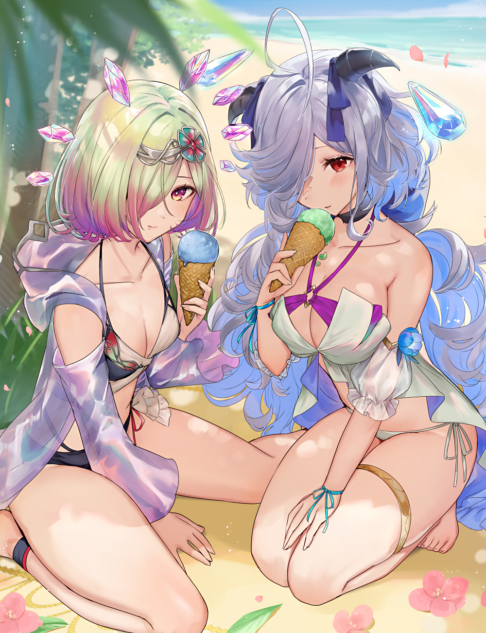 2girls alternate_costume barefoot beach bikini black_bikini black_horns black_swimsuit blue_sky blush breasts cleavage closed_mouth collarbone commentary_request eitr_(fire_emblem) female female_only fingernails fire_emblem fire_emblem_heroes food food_on_body food_on_face goat_horns gradient_hair green_hair grey_hair hair_ornament hair_over_one_eye haru_(nakajou-28) highres holding holding_food holding_ice_cream_cone horns ice_cream ice_cream_cone jewelry kvasir_(fire_emblem) long_hair medium_breasts multicolored_hair multiple_girls nintendo ocean one_eye_covered outdoors palm_tree red_eyes red_hair short_hair sitting sky small_breasts smile swimsuit toes tree very_long_hair water wavy_hair white_bikini white_swimsuit