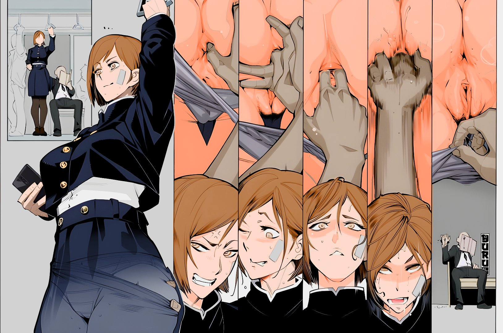 1boy, 1girls, ajaycolor, anal fingering, ass, bandage, brown eyes, brown hair, brown-haired female, burustandin, chikan, death, endured face, exhibitionism, female, fingering, groping, jujutsu kaisen, kugisaki nobara, male, male death, molestation, pleasure face, public use, pussy, pussy juice, pussy juice drip, secret sex, straight, train, unaware, under clothes, under skirt