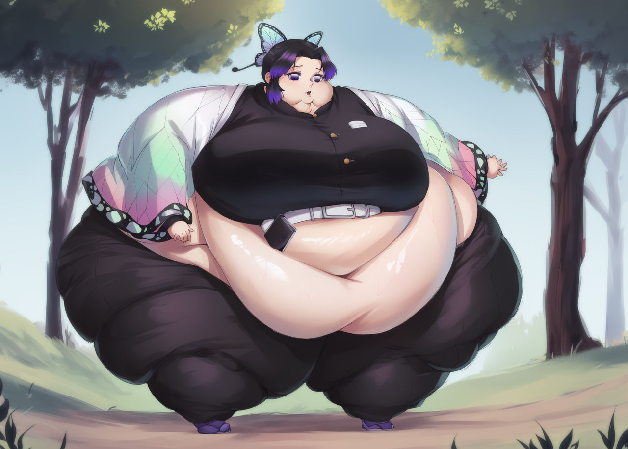 ai_generated belly belly_expansion belly_rolls chubby chubby_female demon_slayer double_belly fat fat_female fat_fetish fat_folds female hair_ornament kimetsu_no_yaiba kochou_shinobu obese obese_female solo