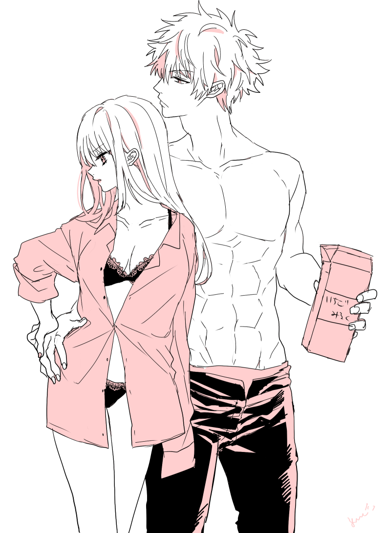 1boy 1girls bra bra_cups_sticking_out canon_genderswap cleavage female genderswap_(mtf) gintama gintoki_sakata hand_on_hip lace-trimmed_bra lace-trimmed_panties long_hair male milkteapunchcat morning_after okita_sougo okita_souko open_shirt oversized_clothes panties profile restricted_palette rule_63 wearing_others_clothes