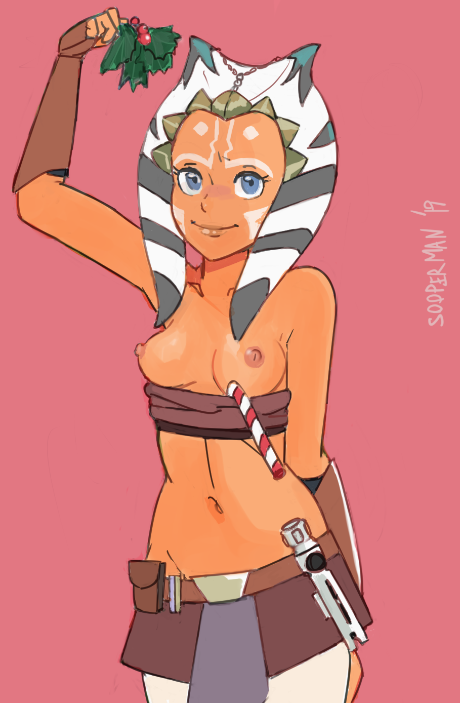 1girls ahsoka_tano alien alien_girl arm_behind_back arm_up artist_name bare_shoulders blue_eyes breasts breasts_out brown_gloves candy candy_cane closed_mouth collarbone colored_skin cowboy_shot cute elbow_gloves energy_sword female female_only fingerless_gloves food gloves groin highres holding holding_mistletoe lekku_(anatomy) lightsaber looking_at_viewer midriff mistletoe navel nipples orange_body orange_skin perky_breasts pink_background simple_background small_breasts smile solo sooperman standing star_wars star_wars:_the_clone_wars strapless sword teenage_girl teenager text the_clone_wars:_season_one togruta tube_top weapon young young_female