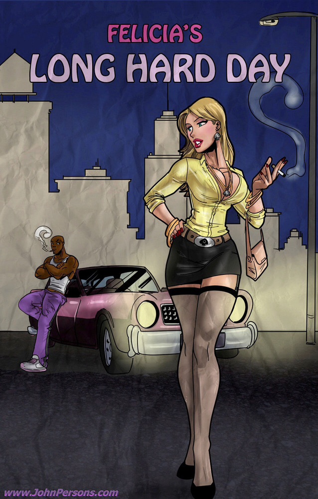 1boy 1girls beltskirt black_skirt blonde_hair breasts car clothed clothing comic_cover coxville_stories dark-skinned_male dark_skin english_text felicia's_long_hard_day felicia_monroe female hand_on_hip high_heels jamarcus_(big_3_gang) john_persons large_breasts leaning_on_car male queen_of_spades rabies-t-lagomorph skirt smile standing thighhighs