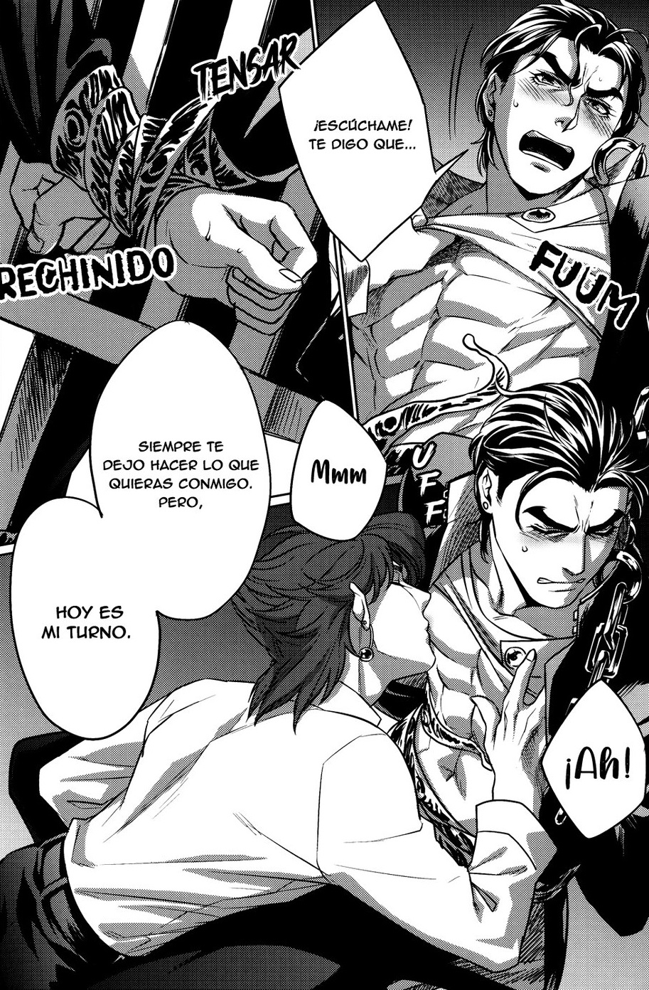 2boys gay jojo's_bizarre_adventure jotaro_kujo male male/male male_nipples male_only muscular_male noriaki_kakyoin spanish_text stardust_crusaders sucking_male_nipple yaoi