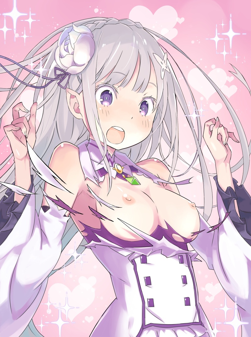 1girls, breasts, color, elf, emilia (re:zero), female, female only, long hair, medium breasts, open mouth, pink background, pointy ears, purple eyes, purple ribbon, re:zero kara hajimeru isekai seikatsu, ribbon, solo, white hair