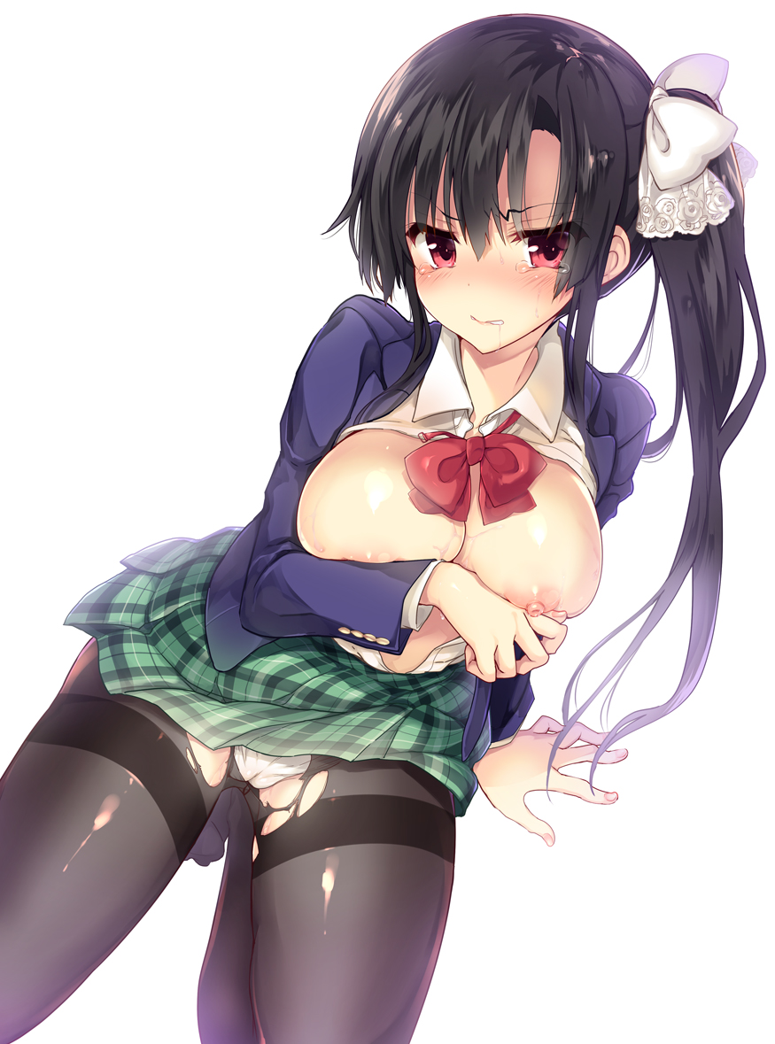 black_hair black_legwear blush bow bowtie breast_hold breasts breasts_out cleavage female gakkou_de_seishun! hair_ribbon jinno_shiori labia large_breasts long_hair nipples pantyhose plaid plaid_skirt red_eyes ribbon saliva sanshoku_amido school_uniform side_ponytail simple_background skirt solo tears thighband_pantyhose torn_clothes torn_pantyhose unbuttoned white_background