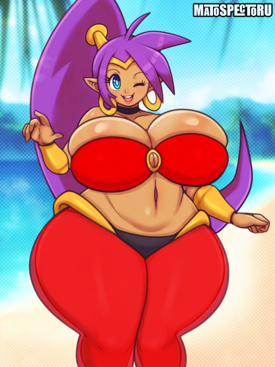 1girls, ass, big ass, big breasts, blue eyes, breasts, clothed, clothing, earrings, eyelashes, female, female only, huge ass, large breasts, looking at viewer, looking back, matospectoru, pointy ears, ponytail, purple hair, shantae, shantae (character), shantae: half-genie hero, smile, solo, tagme, thick thighs, very long hair, wayforward, wide hips