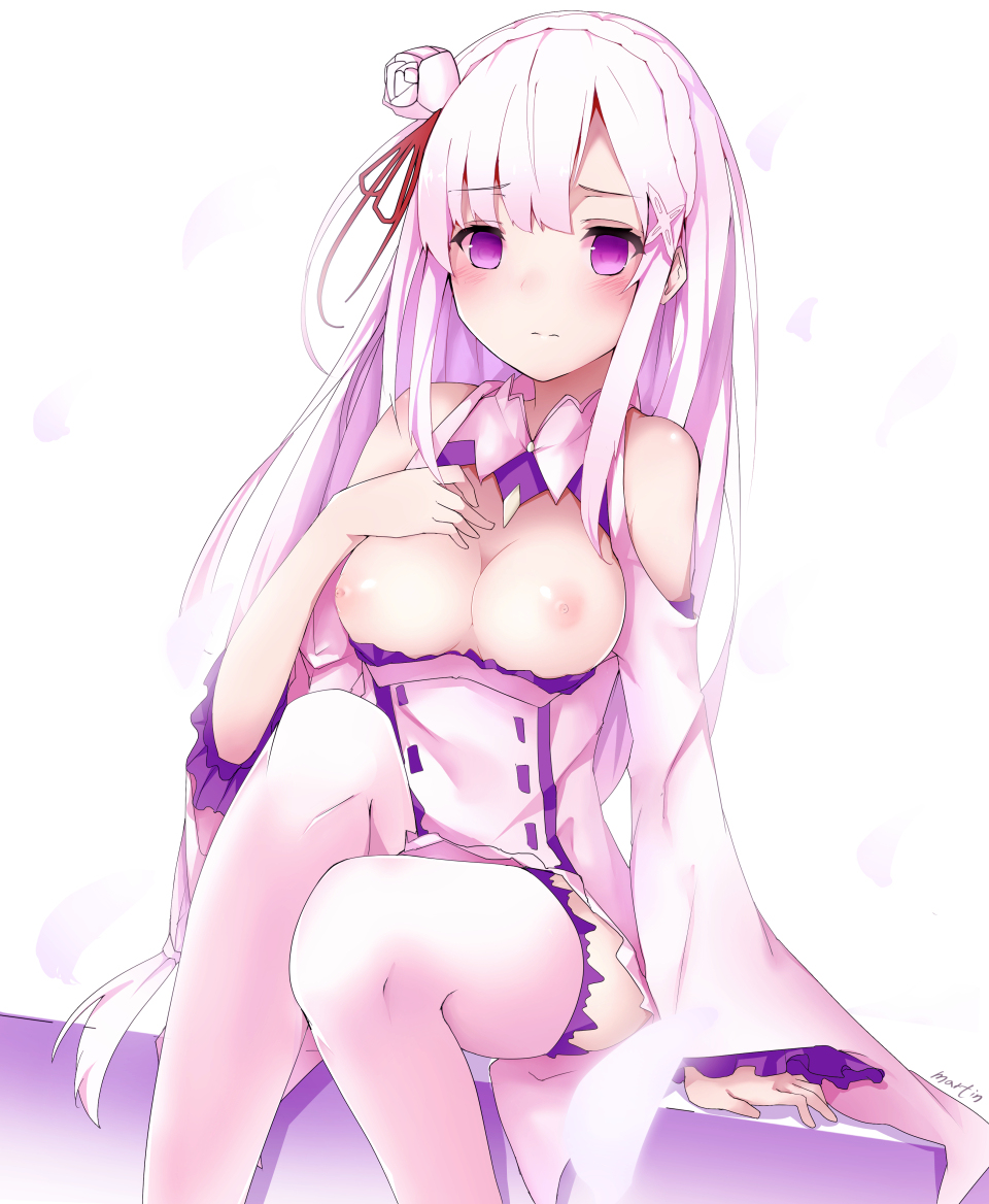 1girls blush elf emilia_(re:zero) female long_hair long_hears purple_eyes re:zero_kara_hajimeru_isekai_seikatsu ribbon socks solo tagme white_hair