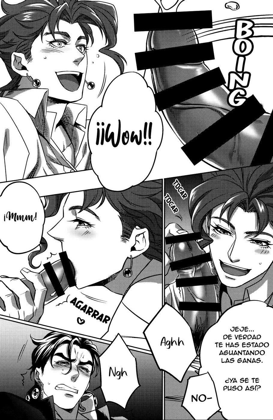 2boys blush censored erect_penis erection gay jojo's_bizarre_adventure jotaro_kujo male male/male male_only noriaki_kakyoin oral spanish_text stardust_crusaders yaoi