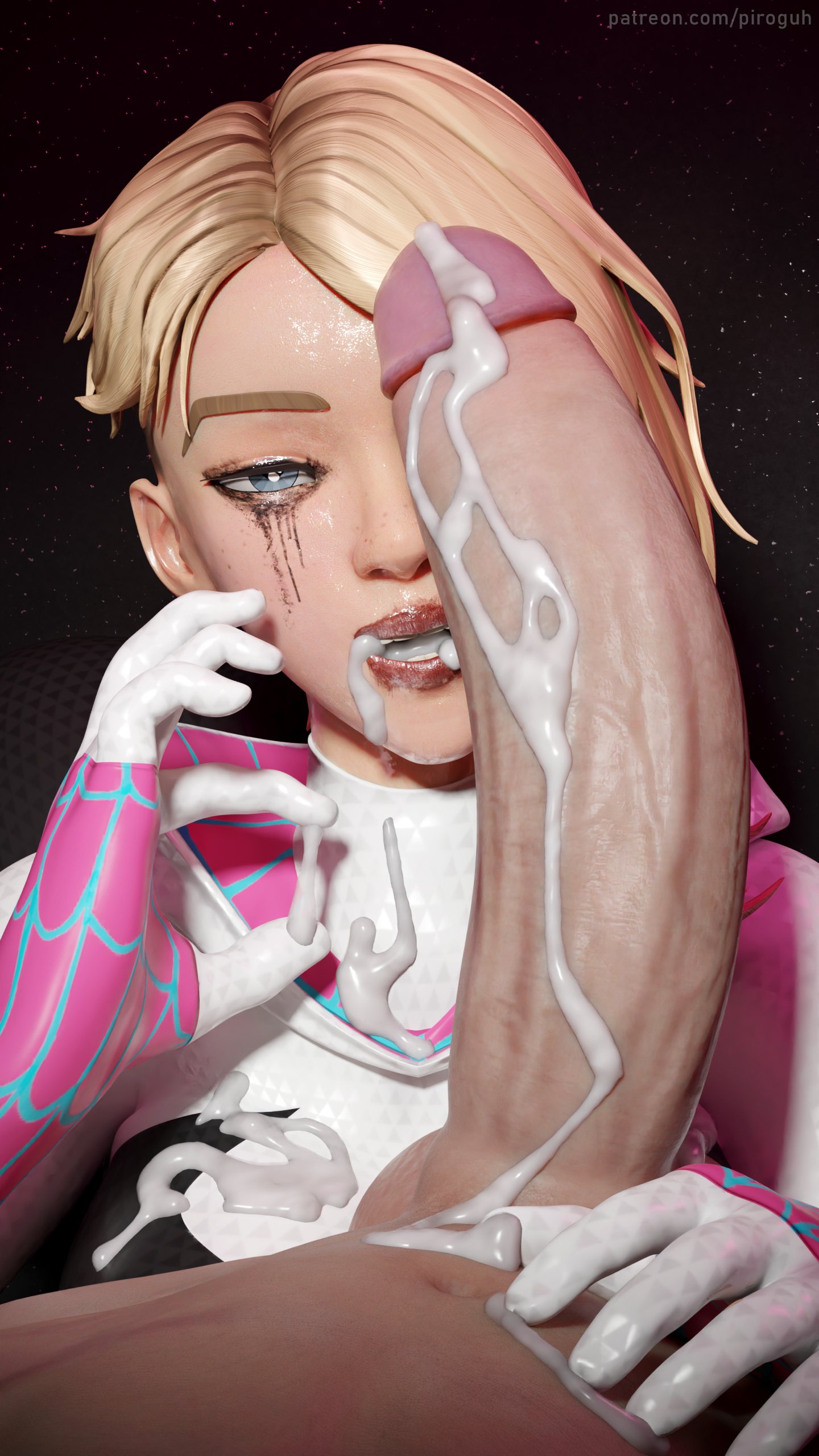 1boy, 1girls, 3d, blowjob, blush, breasts, cum, cum in mouth, cum inside, cum on face, erection, fellatio, female, female focus, gwen stacy, large penis, light skin, light-skinned female, light-skinned male, male, marvel, marvel comics, oral, oral sex, penis, penis in mouth, piroguh, pov, pov blowjob, pov crotch, pov eye contact, shaved side, short hair, simple background, spider-gwen, spider-man: across the spider-verse, spider-man: into the spider-verse, straight, sucking penis, superhero, superhero costume, superheroine, sweat