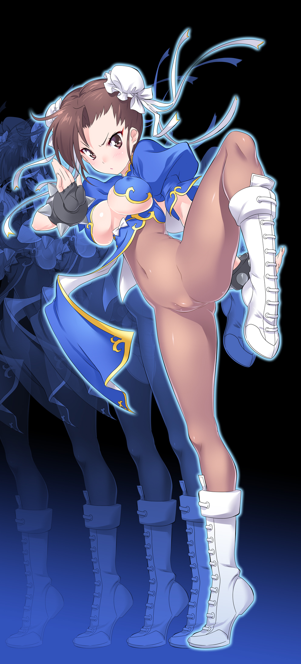 afterimage, bangs, black gloves, blue dress, boots, bracelet, breasts, brown eyes, brown hair, bun cover, cameltoe, casual exposure, china dress, chinese clothes, chun-li, cleavage cutout, closed mouth, covered navel, cross-laced footwear, double bun, dress, female, fighting stance, full body, fully clothed, gloves, highres, jewelry, kuzuryuu kennosuke, large breasts, leg up, looking at viewer, navel, pantyhose, puffy short sleeves, puffy sleeves, pussy, see-through, short hair, short sleeves, solo, spiked bracelet, spikes, standing, standing on one leg, street fighter, white boots