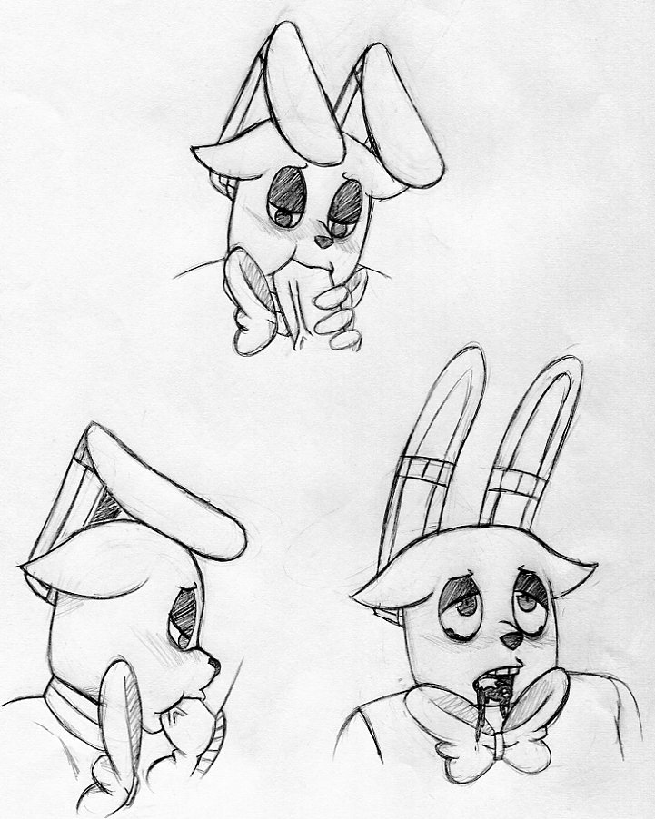 2015 animatronic anthro black_and_white blush bonnie_(fnaf) bow_tie cum cum_in_mouth cum_inside disembodied_penis duo fellatio five_nights_at_freddy's furry half-closed_eyes inkyfrog lagomorph machine male mammal monochrome oral penis rabbit robot sex simple_background solo_focus traditional_media_(artwork) white_background yaoi