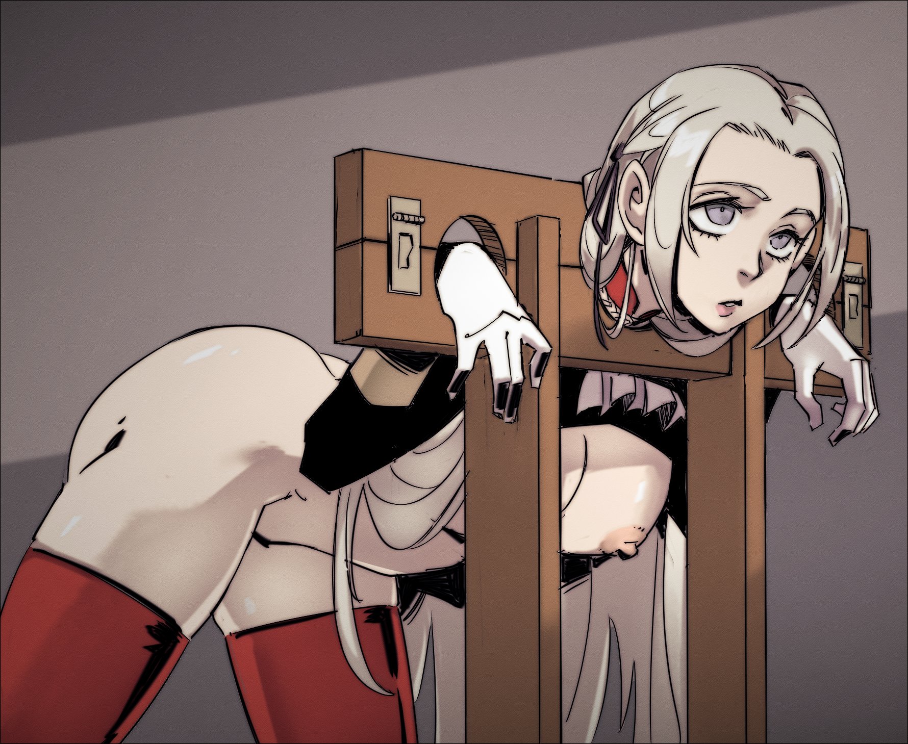 1girls, ass, bare thighs, bent over, big ass, bondage, bound, breasts, csmutrun, edelgard von hresvelg, emotionless, empty eyes, expressionless, female, femsub, fire emblem, fire emblem: three houses, gloves, grey eyes, grey hair, humiliation, imminent rape, long hair, long sleeves, nintendo, nipples, nude, nude female, parted lips, pillory, rape, restrained, slave, small breasts, stationary restraints, submissive, submissive female, thighhighs, thighs, very long hair