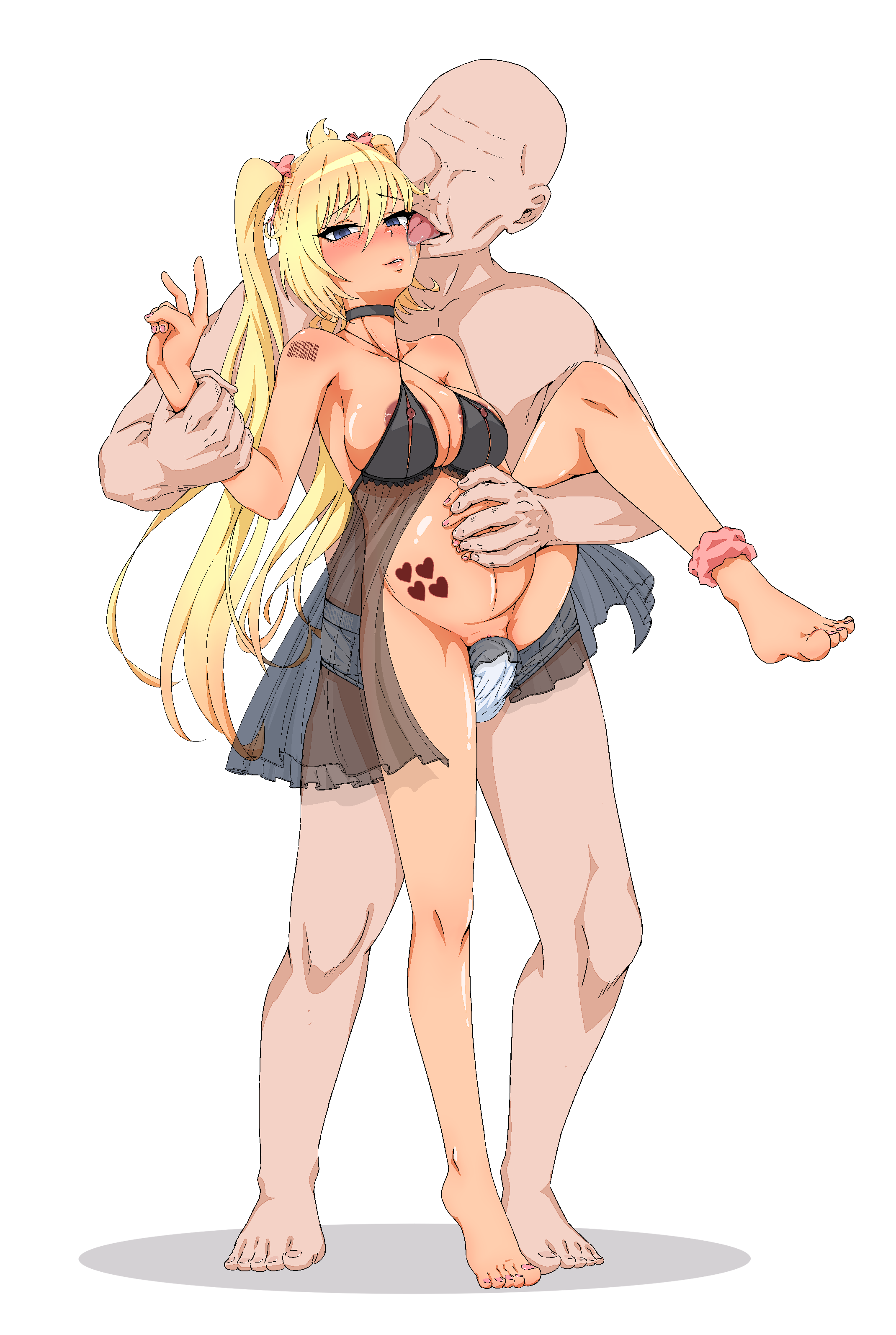 1boy, absurdres, arm grab, arunemu, babydoll, barcode, barcode tattoo, beltran (kamikatsu), bertrand (kamikatsu), black babydoll, blonde hair, blue eyes, breasts, bulge, crying, crying with eyes open, dark skin, dark-skinned female, english commentary, faceless, faceless male, female, hand on own stomach, highres, kaminaki sekai no kamisama katsudou, large breasts, leg up, licking tears, looking at viewer, male, male underwear, nipples, nursing clothes, pregnancy mark, pregnancy tally, pregnant, prostitution, shoulder tattoo, simple background, tattoo, tears, twintails, underwear, v, white background