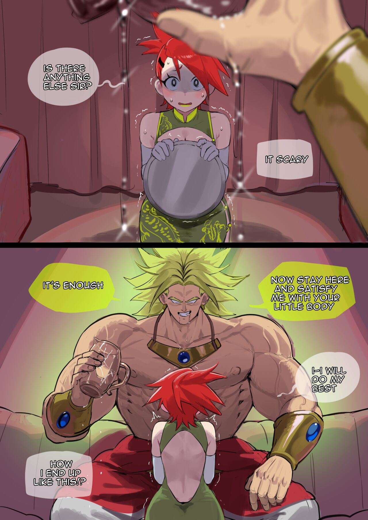 1boy 1girls broly comic crack_ship crossover dragon_ball dragon_ball_z eastern_and_western_character female foster's_home_for_imaginary_friends frankie_foster imminent_sex legendary_super_saiyan male muscular_male nia_(nia4294) size_difference tagme text waitress