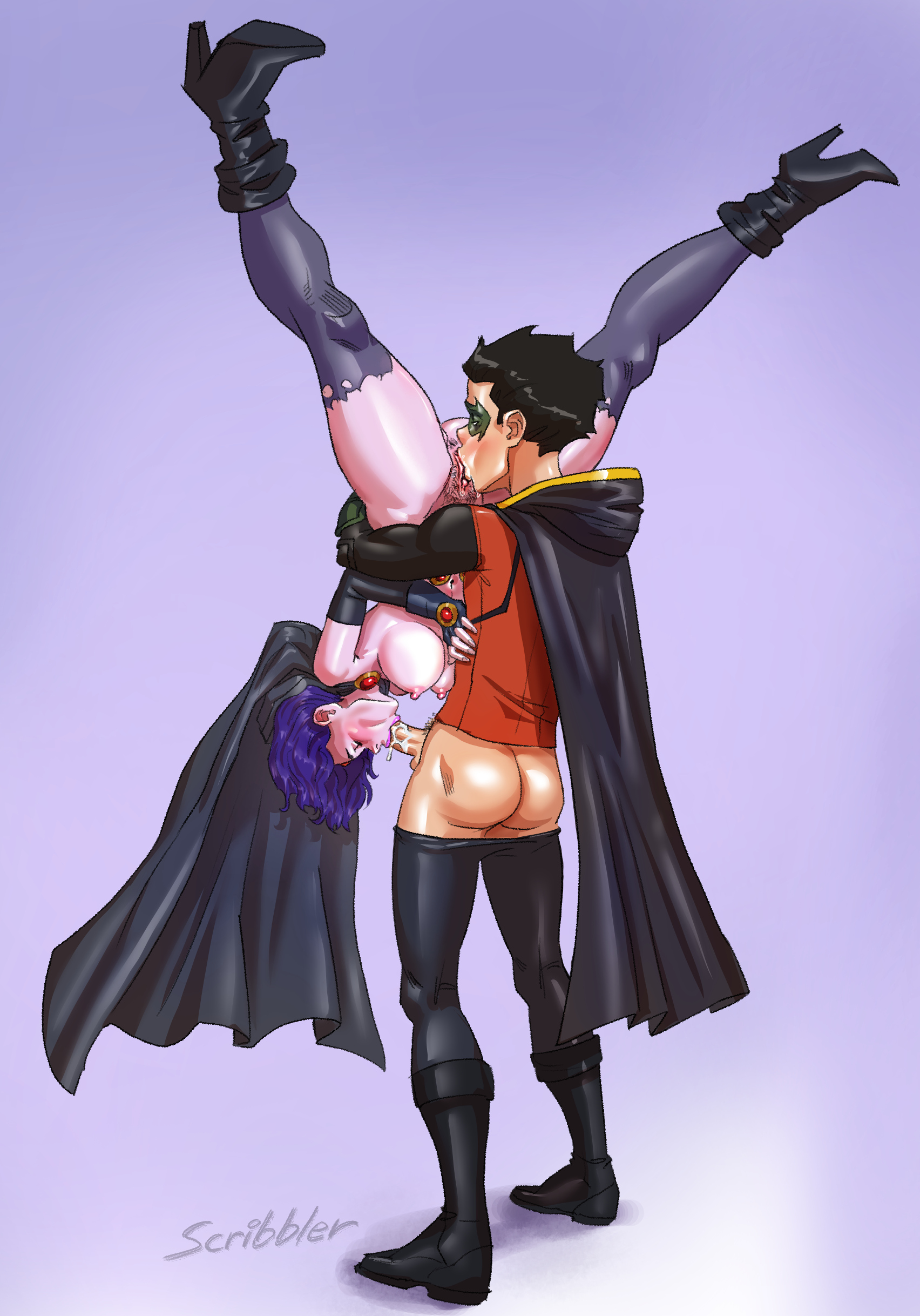 1boy, 1girls, athletic, athletic female, athletic male, black hair, breasts, busty, cape, damian wayne, dc, dc comics, domino mask, female, hourglass figure, male, penis, penis out, pubes, pubic hair, purple hair, pussy, raven (dc), ripped clothes, ripped clothing, robin (damian wayne), robin (dc), scribbler, short hair, tagme, teen titans, torn clothes, torn clothing, vagina, wide hips