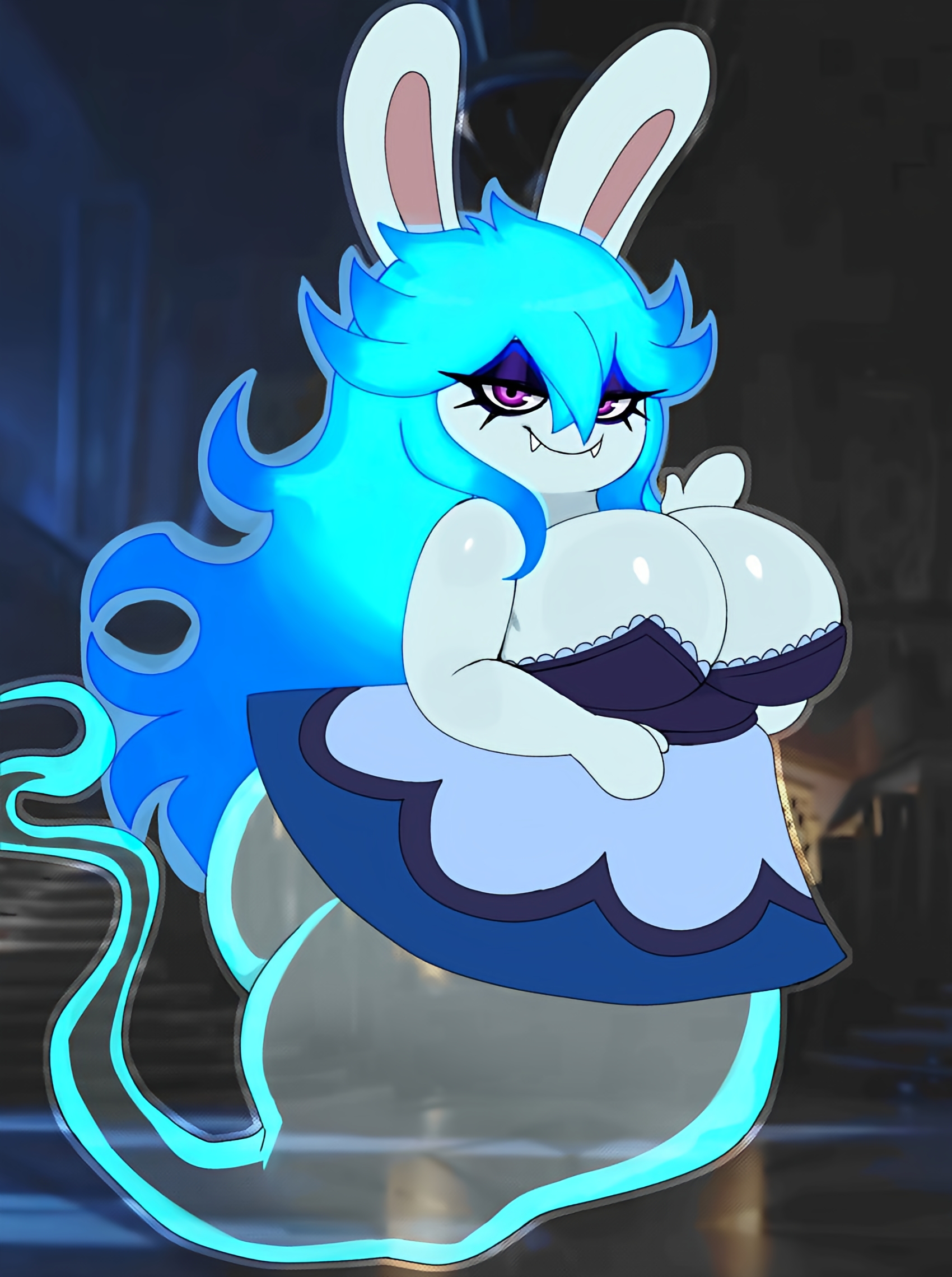 1girls, absurd res, anthro, ass, bedroom eyes, big ass, big breasts, blue hair, blue-haired female, breasts, busty, clothed, clothing, digital media, dress, fangs, fangs out, female, female focus, female only, ghost, ghost girl, greeting, hair, half-closed eyes, hi res, huge breasts, lagomorph, large breasts, mario (series), mario + rabbids, mario + rabbids: sparks of hope, midnite (mario + rabbids), nintendo, pink eyes, rabbid, rabbit, raving rabbids, smile, solo, sssonic2, ubisoft, video games, waving