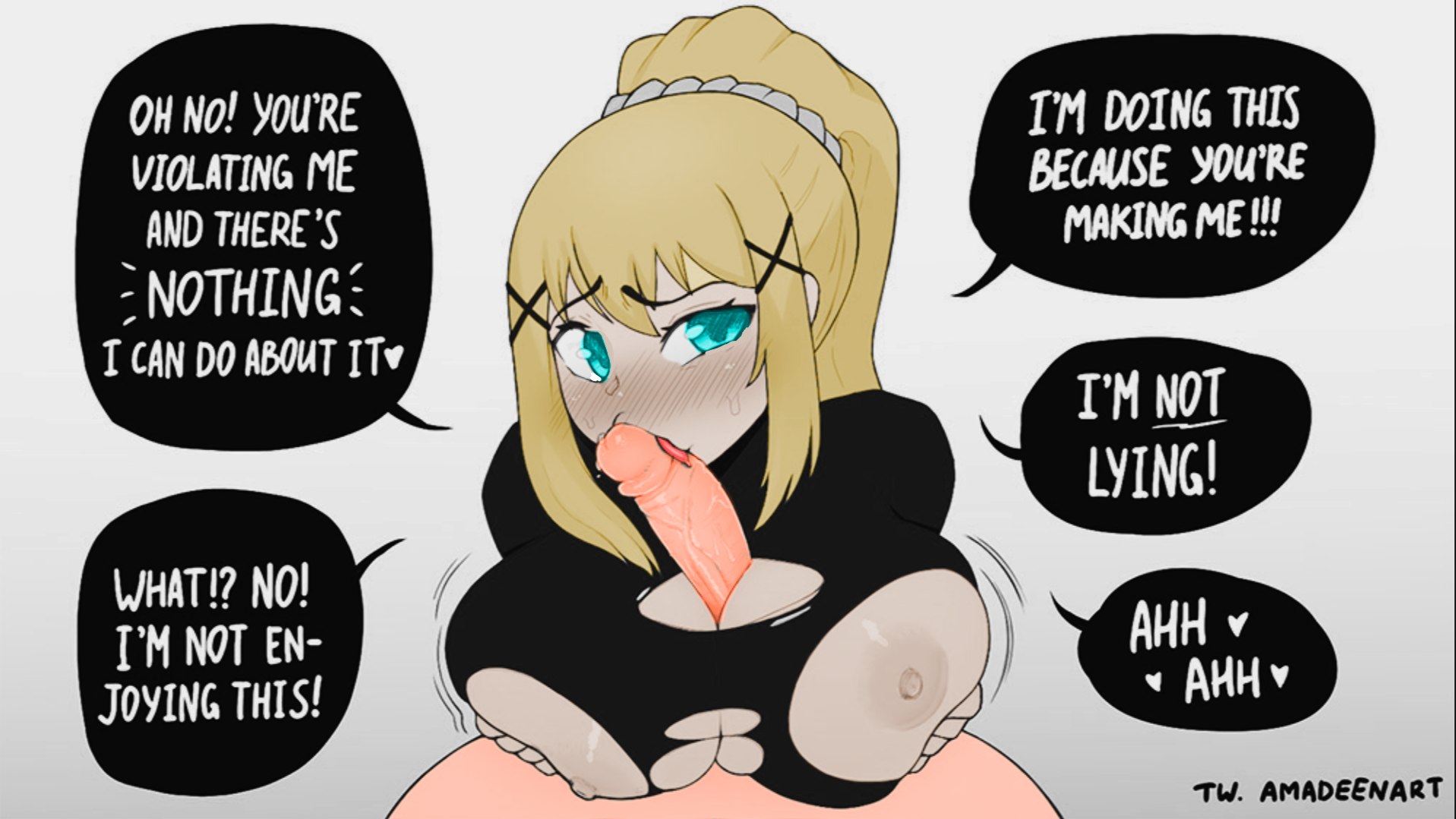1boy, areolae, breasts, colored, darkness (konosuba), eye contact, fellatio, female, huge breasts, kissing penis, kono subarashii sekai ni shukufuku wo!, large breasts, licking, licking penis, male, male pov, monochrome, oral, paizuri, penis, penis licking, pov, questionable consent, rape, ripped clothing, text bubble, titfuck, titjob