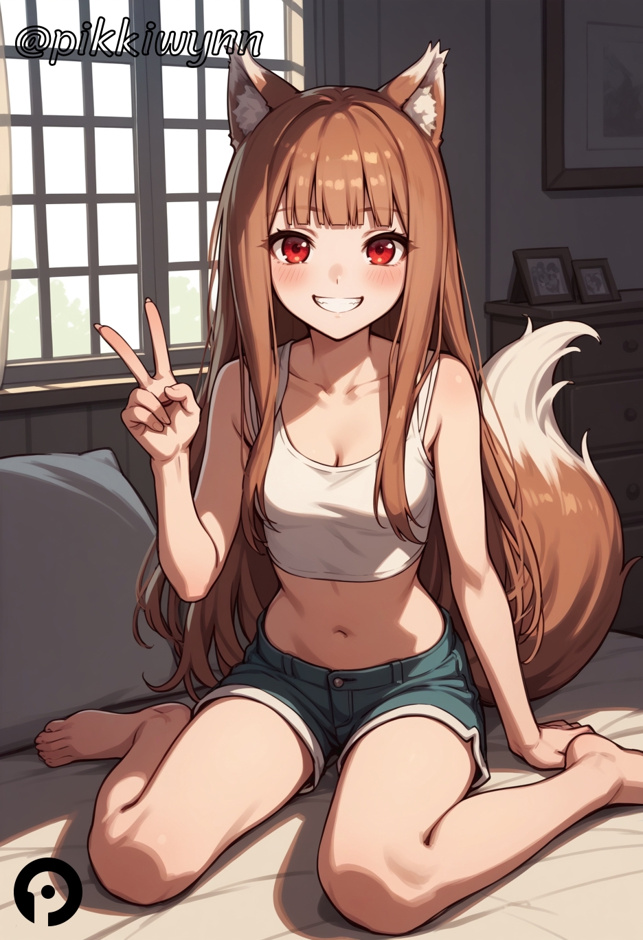1girl 1girls 2020s 2024 ai_generated ambiguous_race animal_ear_fluff animal_ears bangs bare_arms bare_legs bare_shoulders barefoot bed bedroom blue_shorts blunt_bangs blush blushing breasts brown_hair cleavage collarbone crop_top day denim_shorts eyebrows_visible_through_hair female front_view grin holo indoors legs light-skinned_female light_skin long_hair looking_at_viewer love loving_smile manga medium_breasts midriff navel on_bed peace_sign picture_frame pictures pikkiwynn pointy_ears red_eyes short_shorts shorts sidelocks sitting sitting_on_knees small_breasts smile solo solo_female spice_and_wolf sunlight tail tank_top teeth two_tone_bottomwear two_tone_bottomwear_(blueandwhite) two_tone_tail two_tone_tail_(brownandwhite) v wariza watermark white_topwear window wolf_ears wolf_girl wolf_tail