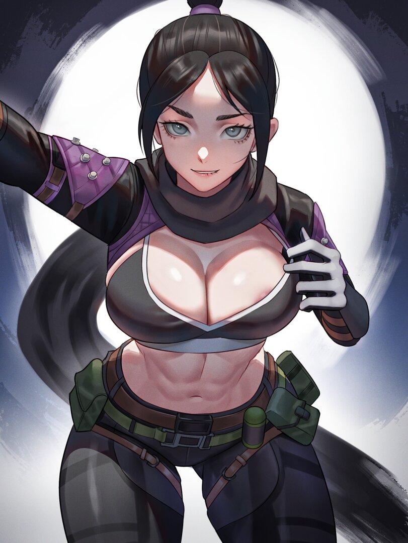 abs apex_legends biting_lip black_hair flashing flashing_breasts naughty_face nipple_slip selfie selfie_pose seventeencrows smile tagme wraith_(apex_legends)