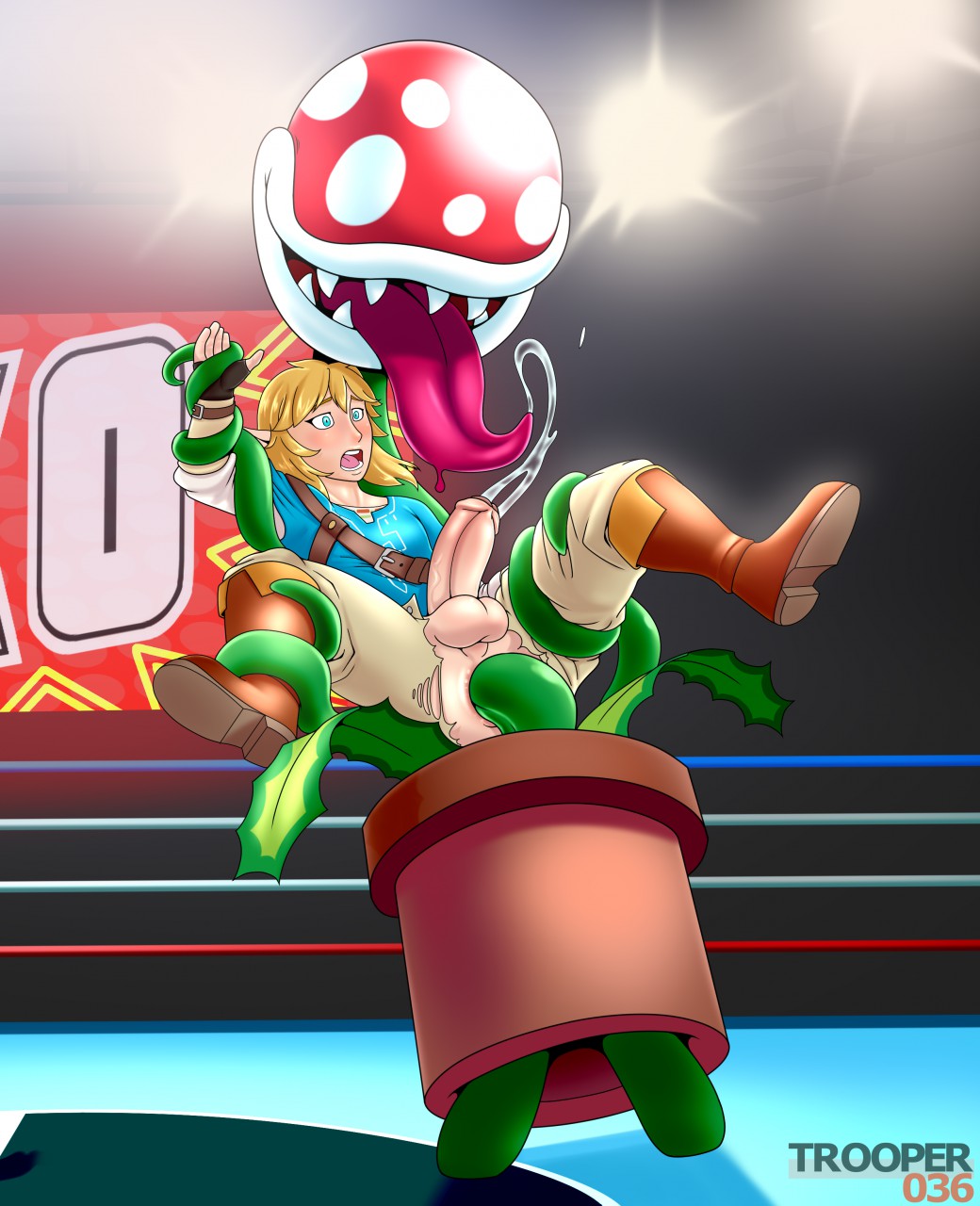 :o, ambiguous gender, anal, anal insertion, anal sex, androgynous, anus, ass, balls, big dom small sub, blue eyes, blush, boots, bottomless, boxing ring, breath of the wild, clothed, clothing, crossover, cum, cum on penis, cum on tongue, cumshot, defeated, erection, fighting ring, flora fauna, footwear, foreskin, hylian, k.o., link, male, male only, male/ambiguous, mario (series), mostly nude, nintendo, open mouth, orgasm, penis, piranha plant, plant, potted plant, presenting, presenting anus, presenting balls, presenting hindquarters, presenting penis, reverse cowgirl position, saliva, sharp teeth, shirt, size difference, smile, spread legs, super smash bros., teeth, the legend of zelda, tongue, tongue out, trooper036, uncircumcised, uncut, video games, vine