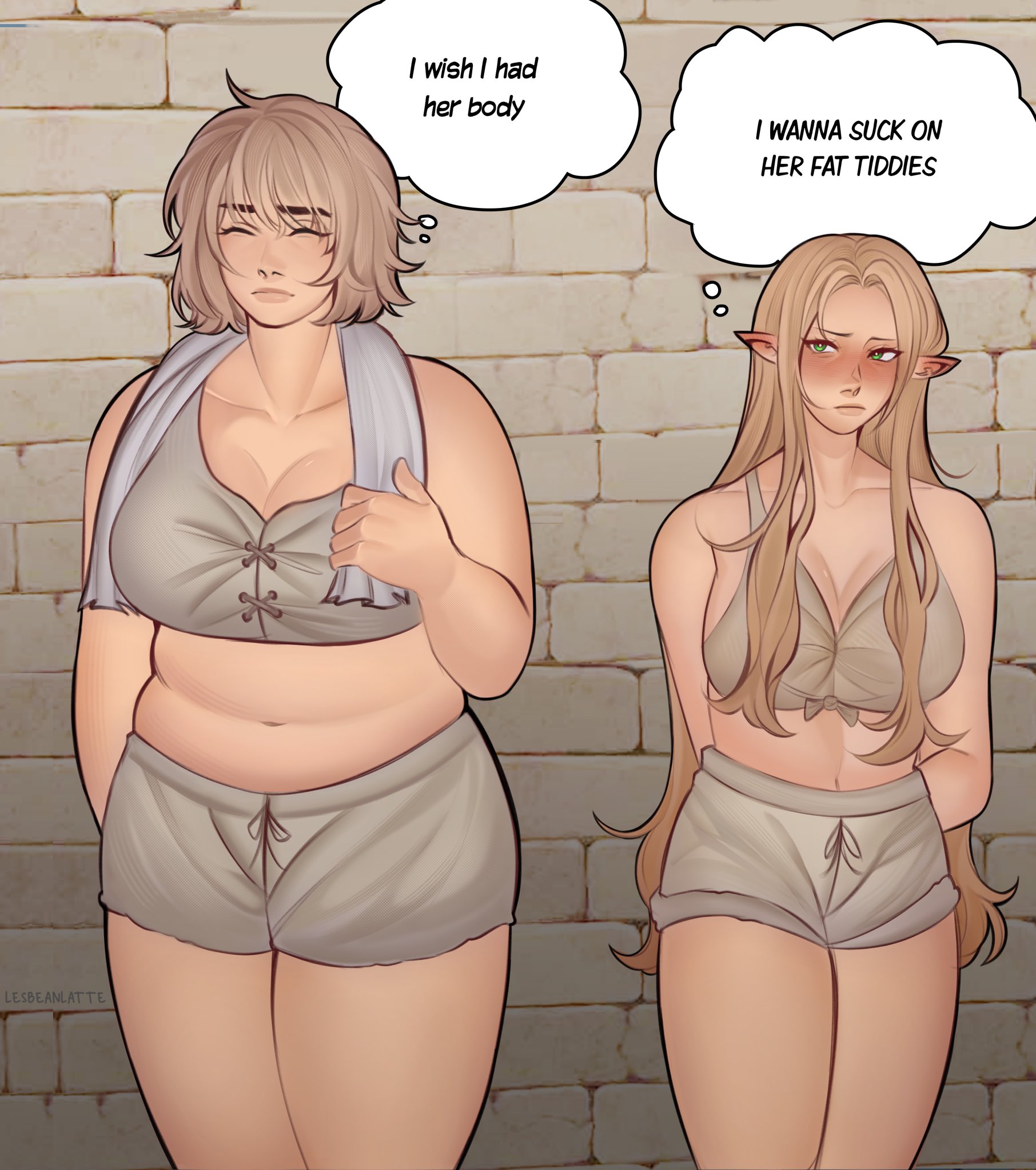 2girls, big breasts, blonde hair, breasts, brown hair, cleavage, closed eyes, clothed, curvy, dungeon meshi, elf, english text, falin touden, fat, fat female, female, female only, female/female, height difference, huge breasts, i wish i had her body (meme), imminent yuri, lesbeanlatte, long hair, marcille donato, meme, multiple females, multiple girls, sapphyxiate, short hair, shorts, tall female, taller female, text, thought bubble, towel around neck