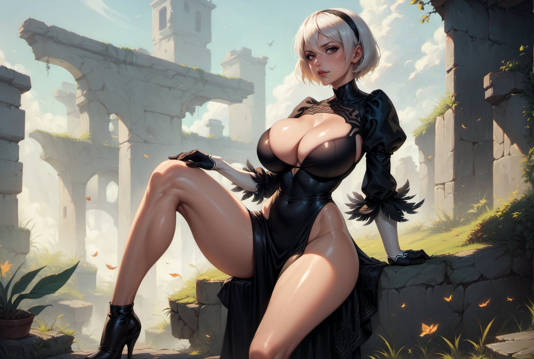 1girls, ai generated, android, big breasts, black dress, breasts, cleavage, dress, female, high heel boots, high heels, large breasts, league69, looking at viewer, nier: automata, no panties, outdoors, robot humanoid, short hair, sitting, solo, white hair, yorha 2b