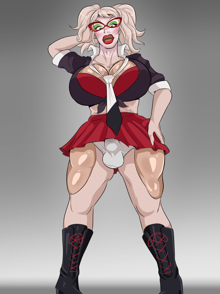 1femboy 2020s 2024 age_progression aged_up aunt auntie balls_in_panties blonde_hair breast_forms breast_padding bulge bulge_through_clothing cleavage crossdressing danganronpa diggerman digital_drawing_(artwork) digital_media_(artwork) drag_queen erection fake_breasts femboy femboy_only genderswap genderswap_(ftm) gray_background gray_eyes green_eyeshadow grey_background grey_eyes hand_behind_head hand_on_hip hip_pads junko_enoshima lipstick looking_at_viewer makeup midriff open_mouth panty_bulge pantyshot_(standing) pink_hair pink_wig pov pov_crotch red_blush red_lips red_lipstick red_skirt rule_63 simple_background skirt standing trap wig