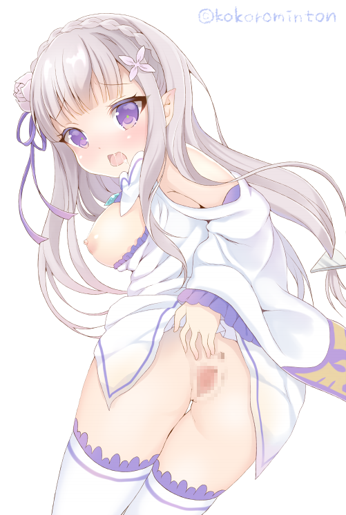 elf emilia_(re:zero) female long_hair long_hears purple_eyes re:zero_kara_hajimeru_isekai_seikatsu spread_ass tagme white_hair