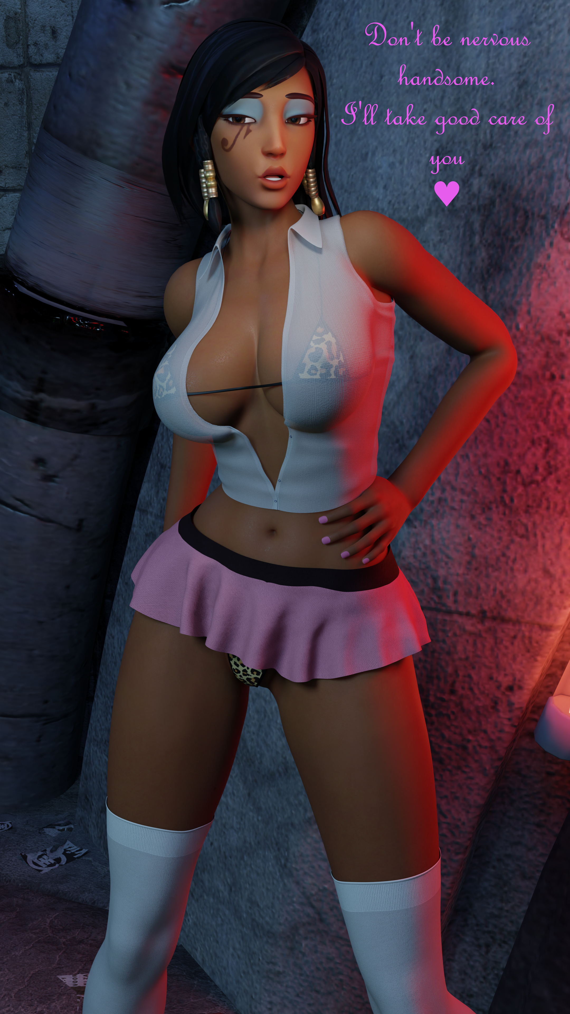 3d, animal print, black hair, blender, caption, dark skin, dustedfountain, eyeshadow, female, jewelry, leopard print, looking at viewer, makeup, miniskirt, open topwear, overwatch, overwatch 2, pharah, pink nails, prostitution, see-through clothing, skimpy, stockings, thighhighs