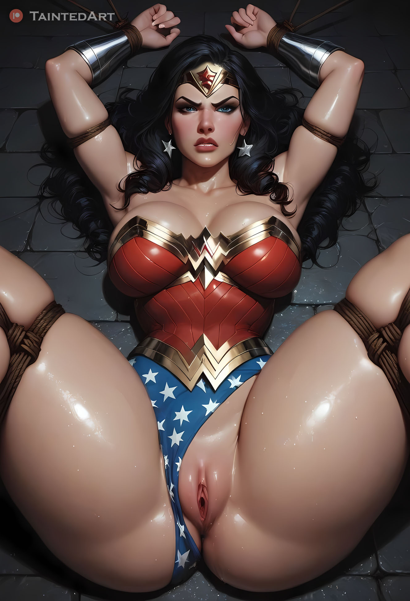 1girls, ai generated, angry face, bondage, clothing aside, curvaceous, curvaceous body, curves, curvy, curvy body, curvy female, curvy figure, dc, dc comics, female, female only, hourglass figure, light skin, light-skinned female, looking at viewer, milf, puffy pussy, pussy, restrained, rope bondage, solo, solo female, stable diffusion, taintedart, thick thighs, voluptuous, voluptuous female, wonder woman