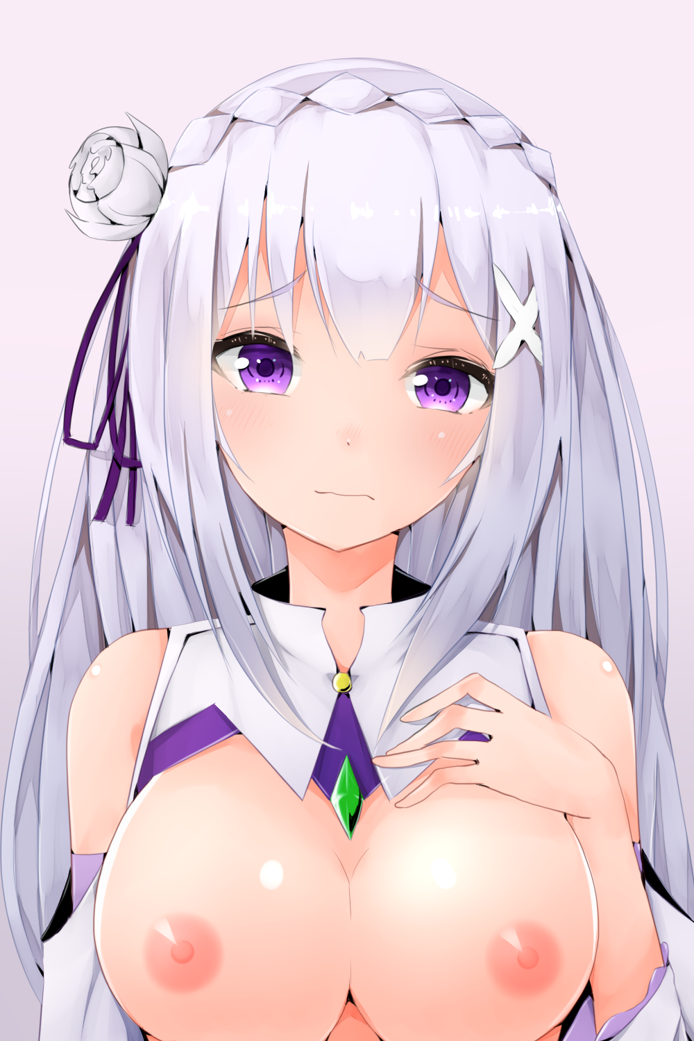 breasts crystal elf emilia_(re:zero) female large_breasts long_hair long_hears purple_eyes purple_ribbon re:zero_kara_hajimeru_isekai_seikatsu white_hair