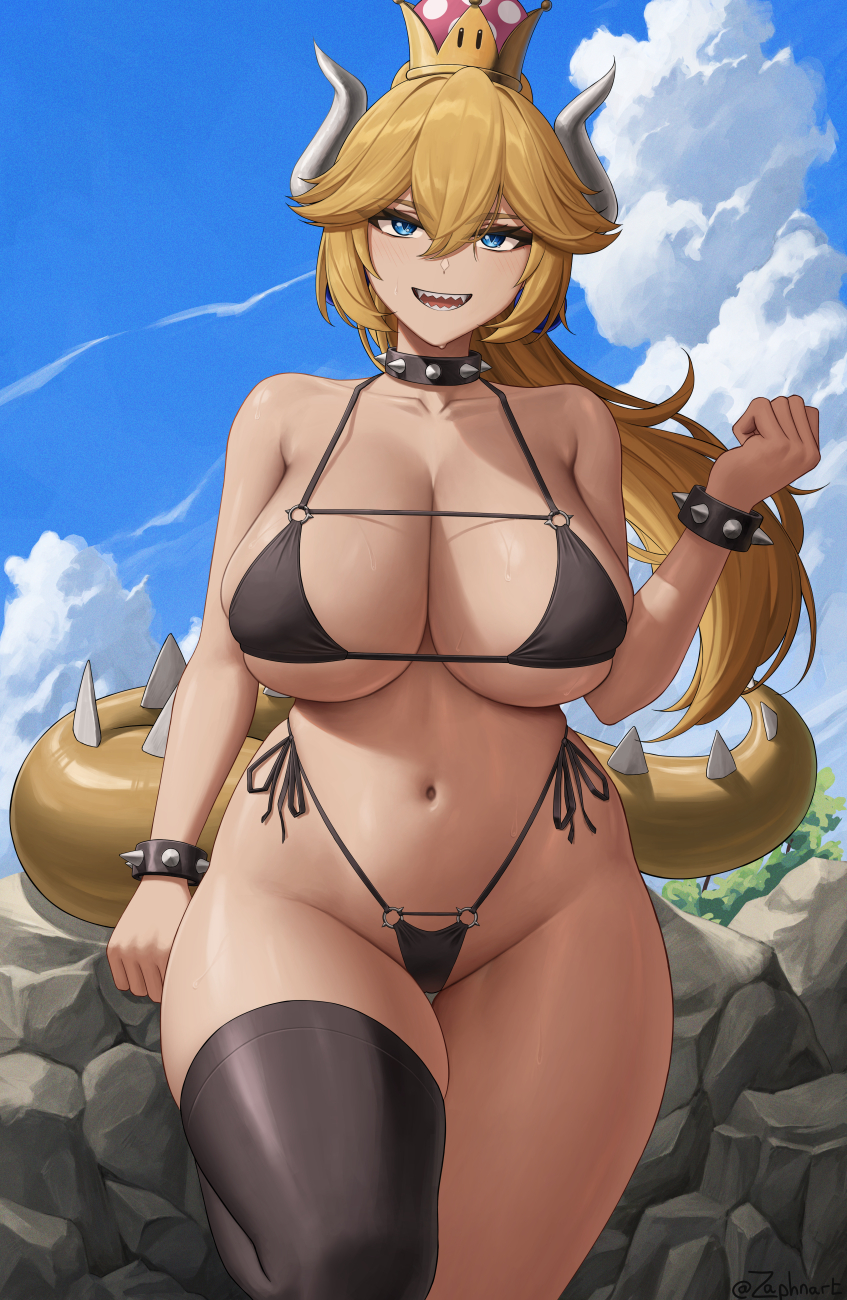 1girls bikini blonde_hair bowsette breasts dragon_girl dragon_tail female hips horns huge_breasts light-skinned_female light_skin long_hair looking_at_viewer mario_(series) new_super_mario_bros._u_deluxe nintendo outdoors smile smile_at_viewer smiling_at_viewer tail thick_thighs thighs voluptuous wide_hips zaphn