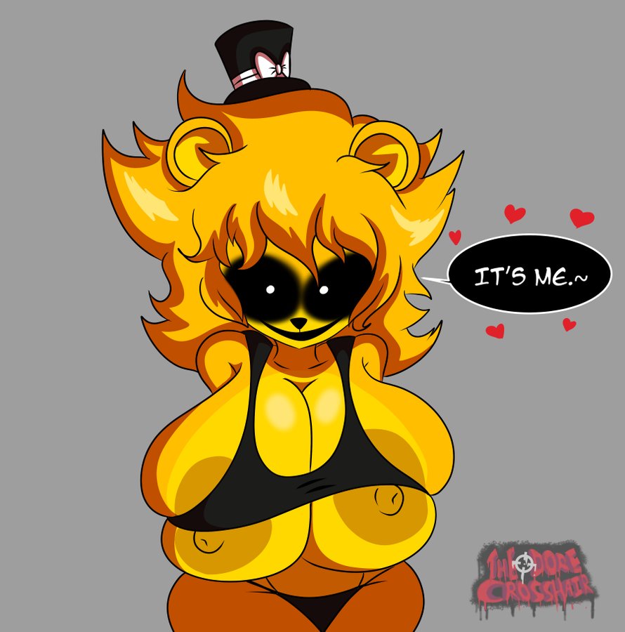 arms_behind_back bear bear_ears bear_girl big_breasts black_eyes black_panties black_tank_top breasts_out creepy creepy_smile curvy female female female_only five_nights_at_freddy's fredina's_nightclub golden_freddy_(fnaf) golden_fredina_(cally3d) gray_background haunted looking_at_viewer loose_clothes rule_63 simple_background smile solo supernatural tanktop text theodorexhair tophat type_0 white_pupils yellow_hair yellow_skin